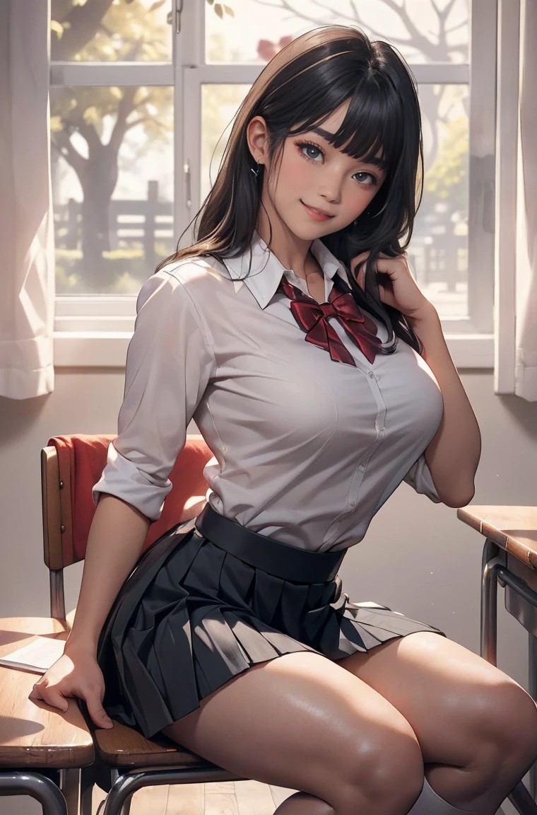 (masterpiece:1.2, top quality), (actual, photoactual:1.4), Beautiful illustration, (natural side lighting, movie lighting), NSFW, 
looking at the audience, Cowboy shooting, Front view:0.6, An extremely beautiful 16 year old Japanese woman, high school, perfect face, cute symmetrical face, shiny skin, 
(Bangs, long hair, messy hair:1.2, black hair), Hair between the eyes, Purple Eyes, Eyelash extension tool, (Large Breasts:1.2, Thick thighs), 
beautiful hair, pretty face, Beautiful and delicate eyes, Mole under the eye, Beautiful collarbone, Beautiful body, Beautiful, Beautiful thighs, Beautiful legs, beautiful fingers, 
((white collar shirt, Black pleated mini skirt, Black socks, Red bow tie)), 
(Beautiful scenery), classroom, table, Chair, curtain, sittingonchair, Place your hand on your mouth, (Seductive smile, Head tilt), 