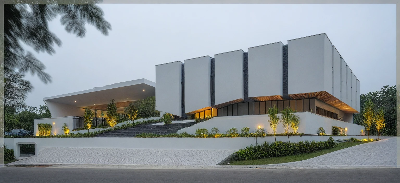 RAW photo, a photo of a modern house, (curvilinear chrchitecture:1.4), Wabisabi style rounded wall, white wall, steel dark gate, sidewalk, sidewalk trees, ((grey gate:1.2)), road, viet nam modern residence, ((architectural shot)), rough white wall, new residential area, wide angle exterior 2022, contemporary house, exterior photography, masterpiece, contemporary architecture, overcast, indirect lighting