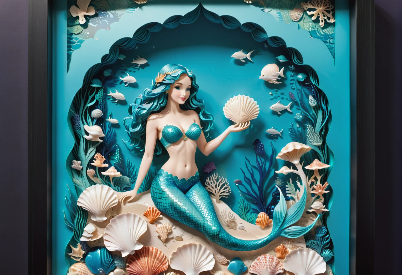 a woman with a starfish over her eyes wearing it as if it were a mask over her eyes and the starfish has small blue lights that shine, the woman stands on a black stone carved with symbols in a rough sea rising hands towards the sky in a Sandro Botichelli style painting, with slightly blue skin and small scales on her face, she has long hair decorated with gold and pearly tiaras and breasts covered with shells (Lying position on the carved rock with a pronounced mermaid tail )(MAR PICADO Y LUNA ILUMINANDO) (MUJER REALISTA CON PIEL AZULADA TENUE) mascara de estrella marina tapando sus ojos (piedras muy negras)