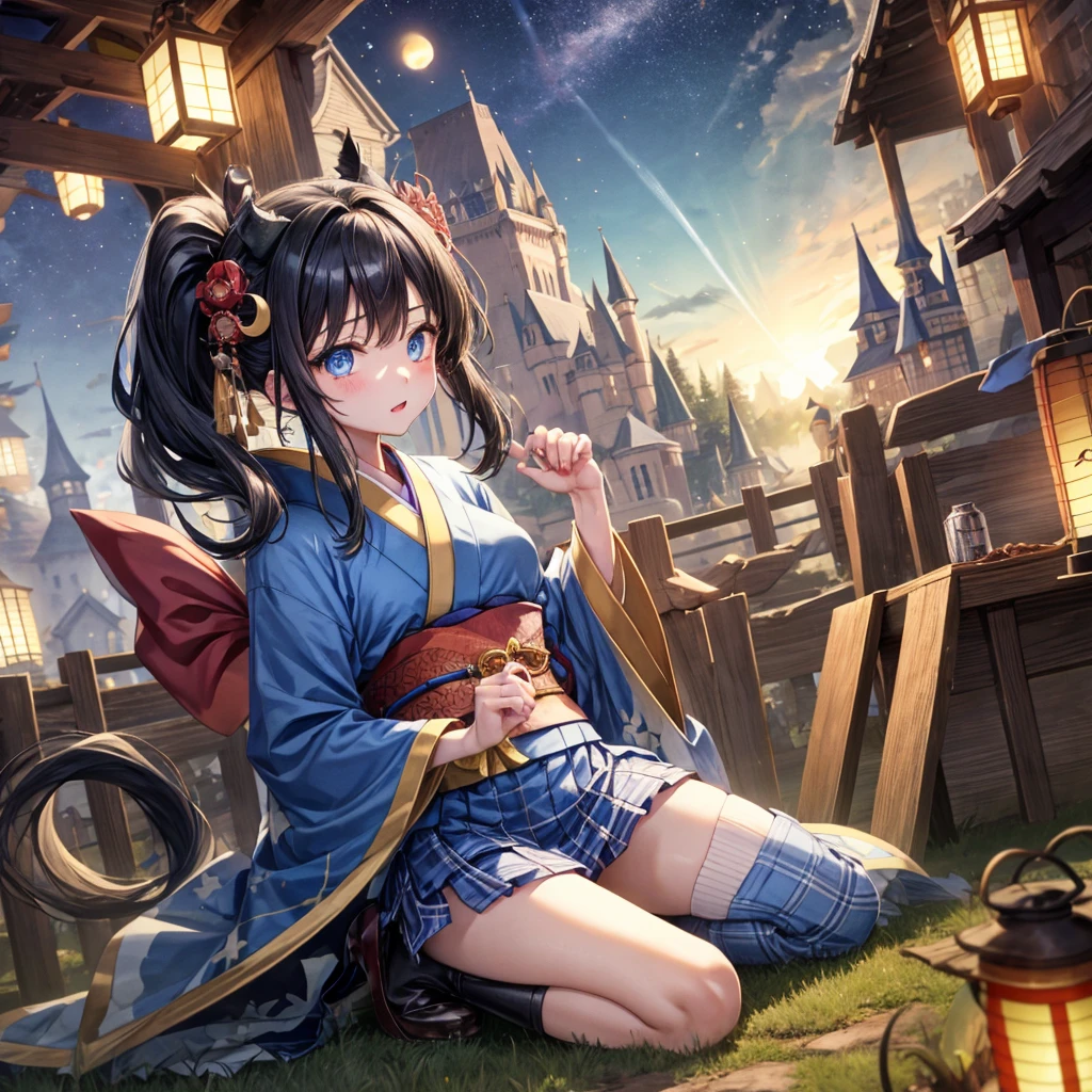 Blue-black hair、poneyTail、blue eyess、one good looking girl、solo、and souls、Plaid miniskirt、wetting hair、kimono、rotting wood、Crescent、monster castle、lantern、Meteor swarm、gunpowder、starrysky