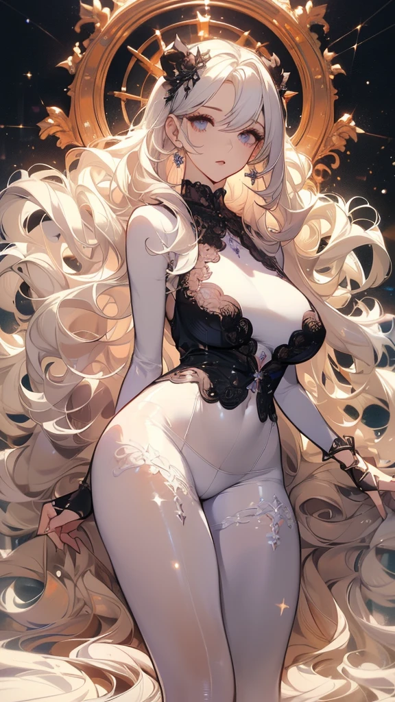 ((masterpiece, best quality)), Delicate face,JK style,Full body painting,Perfect body proportions,Large Breasts,Long legs,((Long wavy hair)), ((Half of her hair is white,The other half is black,Available in two colors)),beautiful eyes,Fantasy style,Extremely beautiful,transparent,_underwear,Lace,Pantyhose