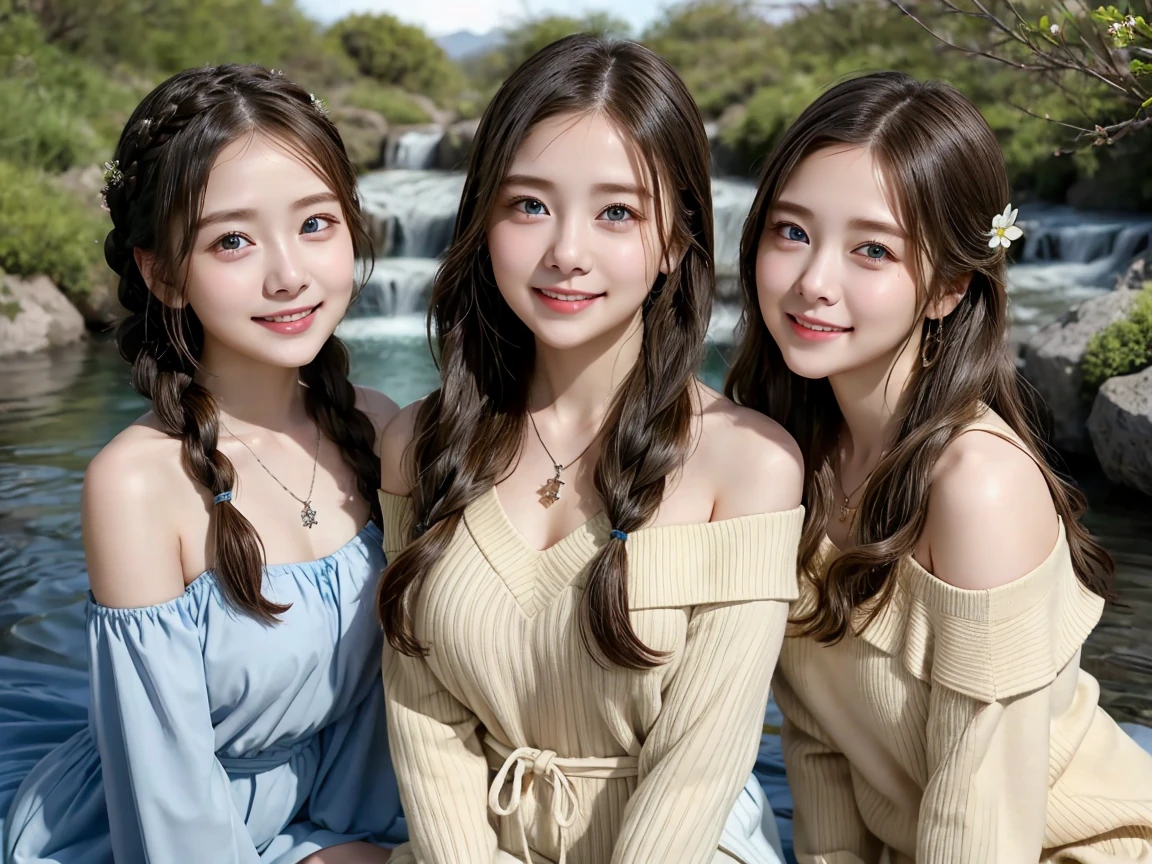 ( 3 girls),smile、Look into the camera、necklace、Braided hair, off-shoulder sweater、The material is smooth and flexible.、exposed upper arms、 Extra long twin tail hair、Flower Hair Ornaments、 Masterpiece, Highest quality, 8ก, beautiful girl, young face、12 year old photography, Cute face, thigh,In the waterfall stream,、รอยsmile、small waist, blue eyes(((The chest is erect.)))(((round chest)))(((big breasts:1.0)))