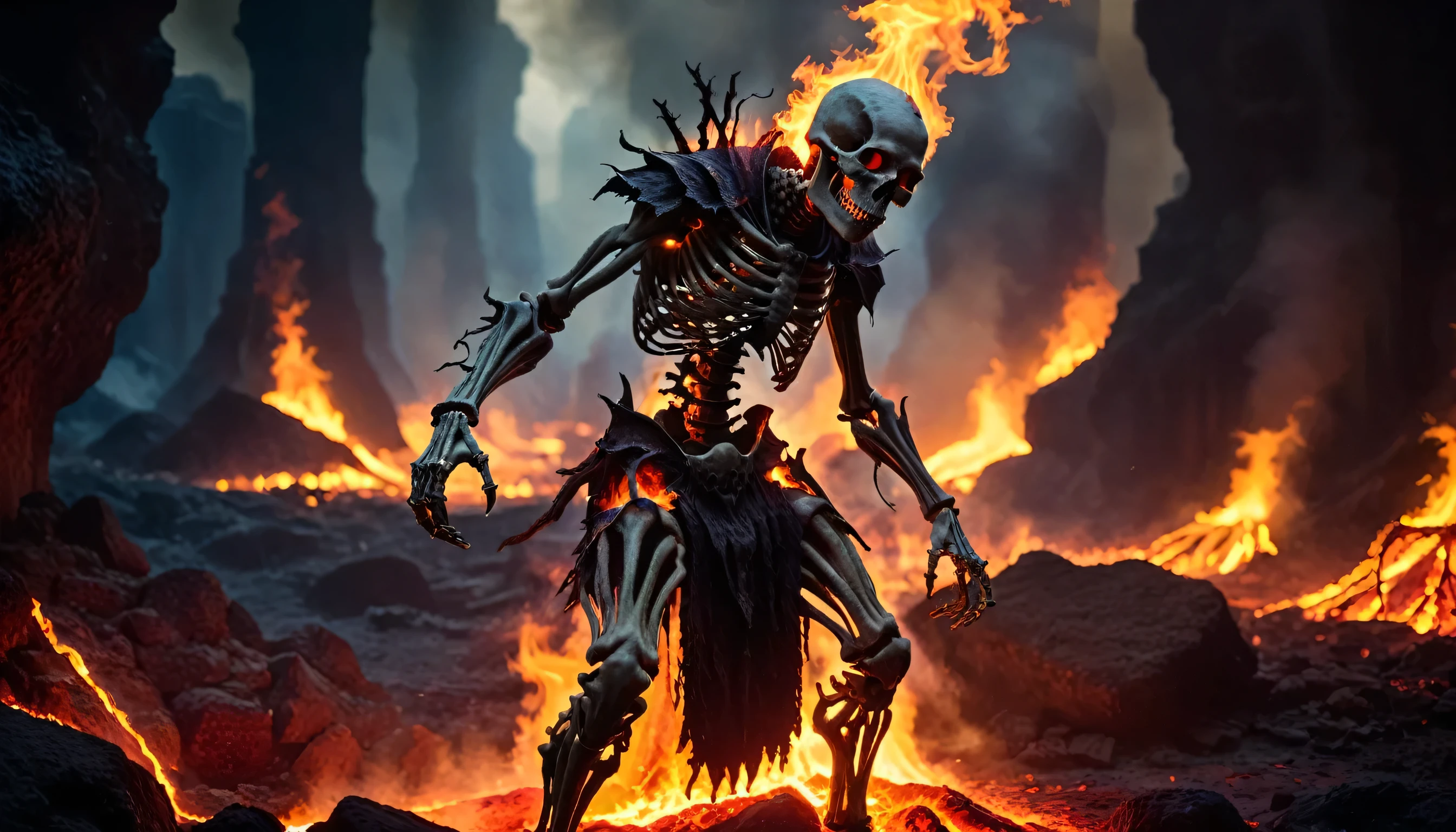 RAW Photos,The eerie sight of an undead pyromancer, Engulfed in flames, Cast a dark fire spell among the skeletal remains of a fallen enemy. In the background is an ominous, lava-filled abyss, Adds a sinister atmosphere to the world of Dark Souls,cute cartoon design,Dreamy visual effects software, Bright colors, Bold, Capture the moment, delicate, 3d, Bold color matching
, (clarity of detail:1.1), Canon EOS 5D Mark IV, masterpiece, 35mm Photography, (Iconic Photo:1.4), (Visual Storytelling:1.2), Film Grain, Award-winning photography,A vivid use of light and shadow, Vibrant colors,High quality material texture, Perfect composition of voluminous textures, Dynamic play of light, Rich colors, Epic shots, Perfect quality, Natural texture,Attention to detail, High Sharpness, hight clarity, detailed ,Photo Shadow, Complex details, 8k