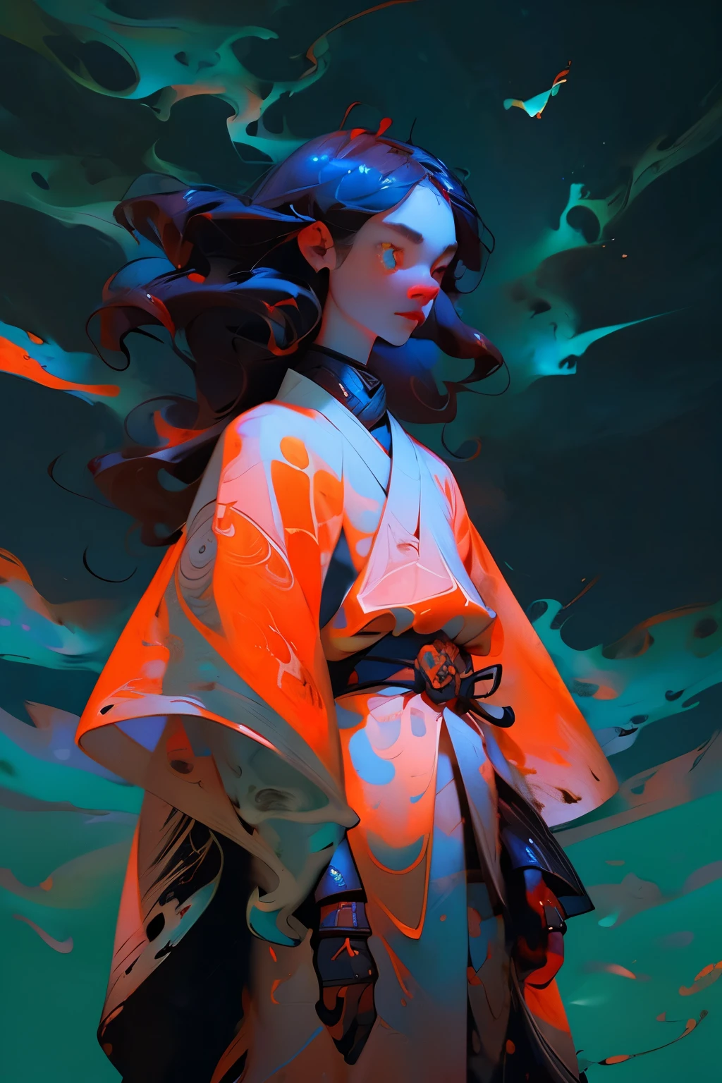 a Zombie Alien Samurai, (long_hair_Two_tone:1.3), teal and white, surreal landscape, (ink_artistic_conception:1.4), fireflies, red spider lilies, iridescent Illumora stratosphere, (brush_strokes:1.2), ink splatters, melancholic mood, (detailed_skin_decay:1.2), (fiery_eyes:1.5), sharpening katana, (long_samurai_robe:1.4), (belt_and_scabbard:1.3), two-