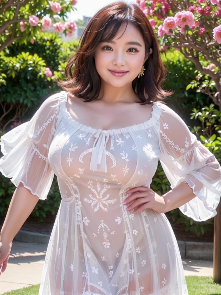A beautiful and hot almost chubby mature woman.who is wearing a patterned short dress and is and standing in the park. A smiling face、sexy woman、A radiant smile、adorable、race、Frills、Colorful design、Full-length mirror、An inviting gaze、Gorgeous long and beautiful hairstyle、variation Hairstyle、Open neck blouse、Flower Garden、(flower:1.2)、Full body photo、((Delicately decorated dress))、1人の女の子,