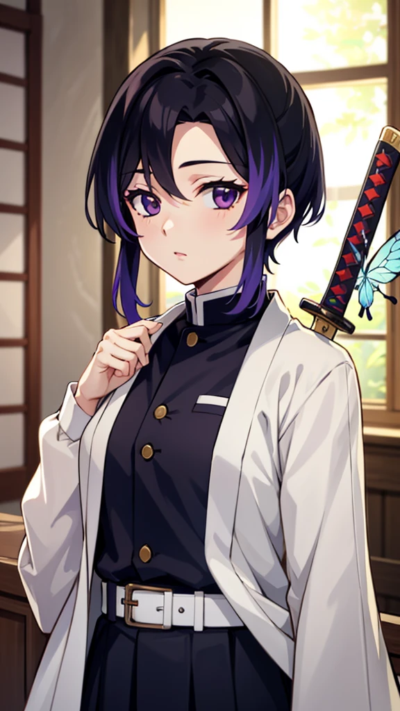 EFT_Shinobu, 1girl, kochou shinobu, demon slayer uniform, butterfly hair ornament, solo, hair ornament, weapon, sword, purple hair, multicolored hair, purple eyes, black hair, japanese clothes, gradient hair, haori, belt, katana, short hair, sheath, long sleeves, empty eyes, parted bangs, jacket, no pupils, bangs, white belt, blurry background, indoors, upper body, blurry (upper body: 1.5) girl, holding a blank paper viewing it to the viewer, 