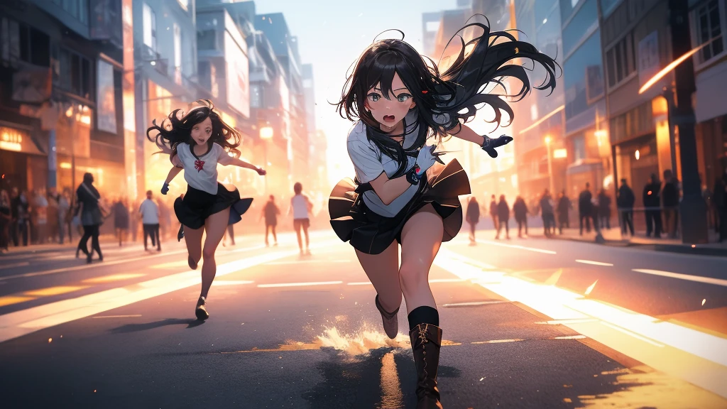 (artistry, best qualityer, ultradetailed, high resolution, 4K),(beautiful detailed eyes),(very highly detailed face),(1ガール),HDR, long hair, greeneyes, chestnut hair, longye hair, a white streak, elf ear, brown gloves, elf outfit, warrior, magician, jewelly, lips, focus only, long medieval boots,short marrom, white blouse, T-shirt, Flying hair, intense expression, high resolution,ultra detali,blurry motion,fast action,energetic movement,dynamic composition,blurred lines,expressive lines,swirly vibrant colors,fluid lines,chaotic energy,Creative Chaos,artistic interpretation,film photography,impacto emocional,dramatic effect,sensation of movement,dynamism and speed,implicit motion,impressionistic style,visual rhythm,Energetic gestures,creative flow,pulsating energy,ethereal atmosphere,capturing the fleeting moment.