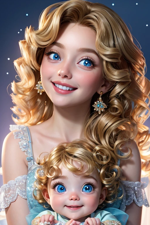 A charming 2-year-old baby girl, ((baby blues)) beautiful little eyes that sparkle with joy, ((glistening golden curls)) stunning hair cascading down her shoulders, ((radiant smile)) displaying pure happiness as she gazes at a beautiful little flower, ((inviting pose)) looking up at the camera with an innocent and thankful expression, this image captured in high quality, ((meticulous detail)) showcasing every sparkle in her beautiful eyes and the delicate folds of her gown.