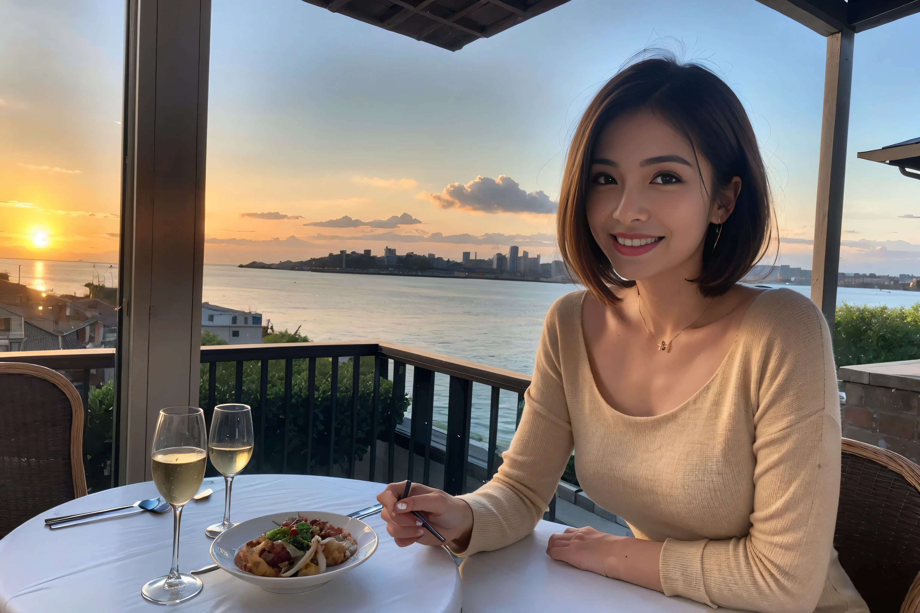 （Realistic:1.1）,(masterpiece,Highest quality)，8k,(49 years old), 47 years old, slimカップル、Model Couple、actress/actor、Tight waist,Upper Body,full-course dinner、wine 、Amazing view of the sunset sky and clouds、Perfect Anatomy, Brown Hair, short hair,Random Hairstyles,((Highly detailed face and eyes:1.2))(cute顔:1.4)，美しいactressの顔，Perfect golden ratio face，Long sleeve shirt、dress,(smile:1.2)、Shortcuts、cute、(Realistic, Intricate details:1.2), A bright smile、short hair,Bright Face、赤wine 、Appetizers、Italian food、wine bottle、Champagne、スパークリングwine、(slimな顔), (The body is slim), (Brown Hair), (Shortcuts),  Upper Body, 白wine, slim, wineグラス, 