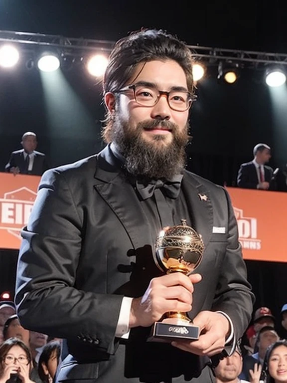 Award-Winning Moment, (yossan), beard, Glasses,music, Award, microphone, stage, Trophy, illumination, The spectators cheer, Acceptance speech, Stylish outfit, Tears of joy