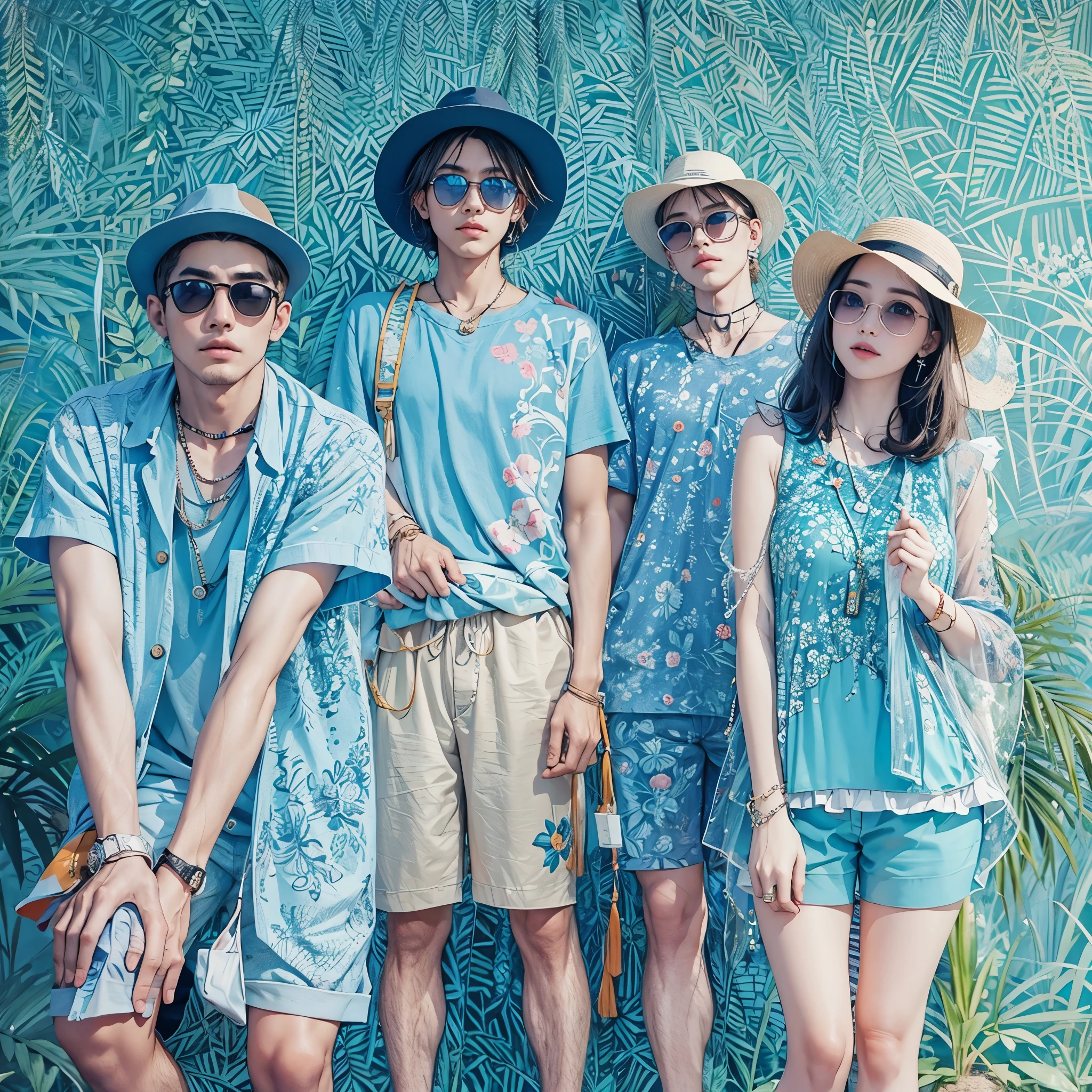 Men and women wearing blue clothes enjoying a summer festival。Keep a cool and serious expression。Stylish and cool、Make it a flashy image。