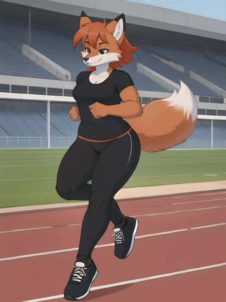 Furry, fox, female, black shirt, black leggings, shoes, running track, solo, full body