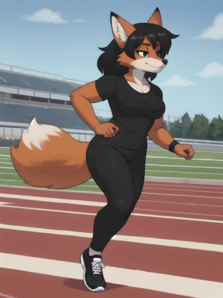 Furry, fox, female, black shirt, black leggings, shoes, running track, solo, full body
