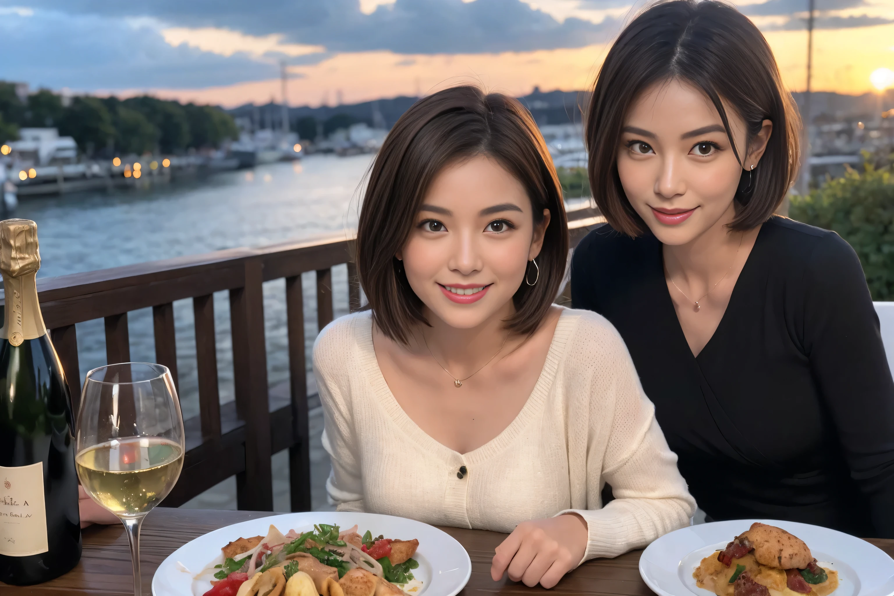 （Realistic:1.1）,(masterpiece,Highest quality)，8k,(49 years old), 53 years old, ベリーslimボディ、slimカップル、Tight waist,Upper Body,full-course dinner、wine 、Amazing view of the sunset sky and clouds、Perfect Anatomy, Brown Hair, short hair,Random Hairstyles,((Highly detailed face and eyes:1.2))，Perfect golden ratio face，Long sleeve shirt、dress,(smile:1.2)、Shortcuts、cute、(Realistic, Intricate details:1.2), A bright smile、short hair,Bright Face、赤wine 、Appetizers、Italian food、wine bottle、Champagne、スパークリングwine、(slimな顔), (The body is slim), (Brown Hair), (Shortcuts),  Upper Body, 白wine, slim, wineグラス, 