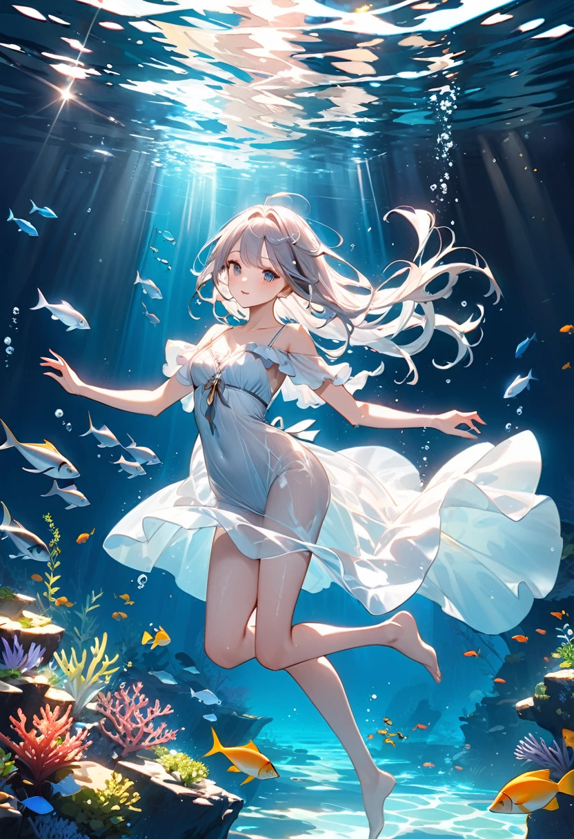 Depicts a beautiful beauty swimming in crystal clear water。She moved freely in the water..、Swim gracefully while feeling the power of the water。
Highly transparent water、Sunlight sparkles and reflects。There are underwater plants and fishes all around the beauty、A colorful marine ecosystem surrounds her。Less affected by gravity in water、Her movements are graceful and light.。
A figure of beauty may be floating in the water。Her hair was wet and flowing、Dancing like a curtain of clear water。Her expression is calm、It looks as if you enjoy a free presence underwater。
This prompt is、The aim is to depict the beautiful beauty of swimming in the water.。Her grace or freedom of movement、Visual representation of water transparency and light reflection。Her facial expression and hair flow、By depicting harmony with the underwater ecosystem、Create a scene that enhances the appeal and beauty of the water。」double eyelid、Fair skin、masterpiece、8k、Highest quality