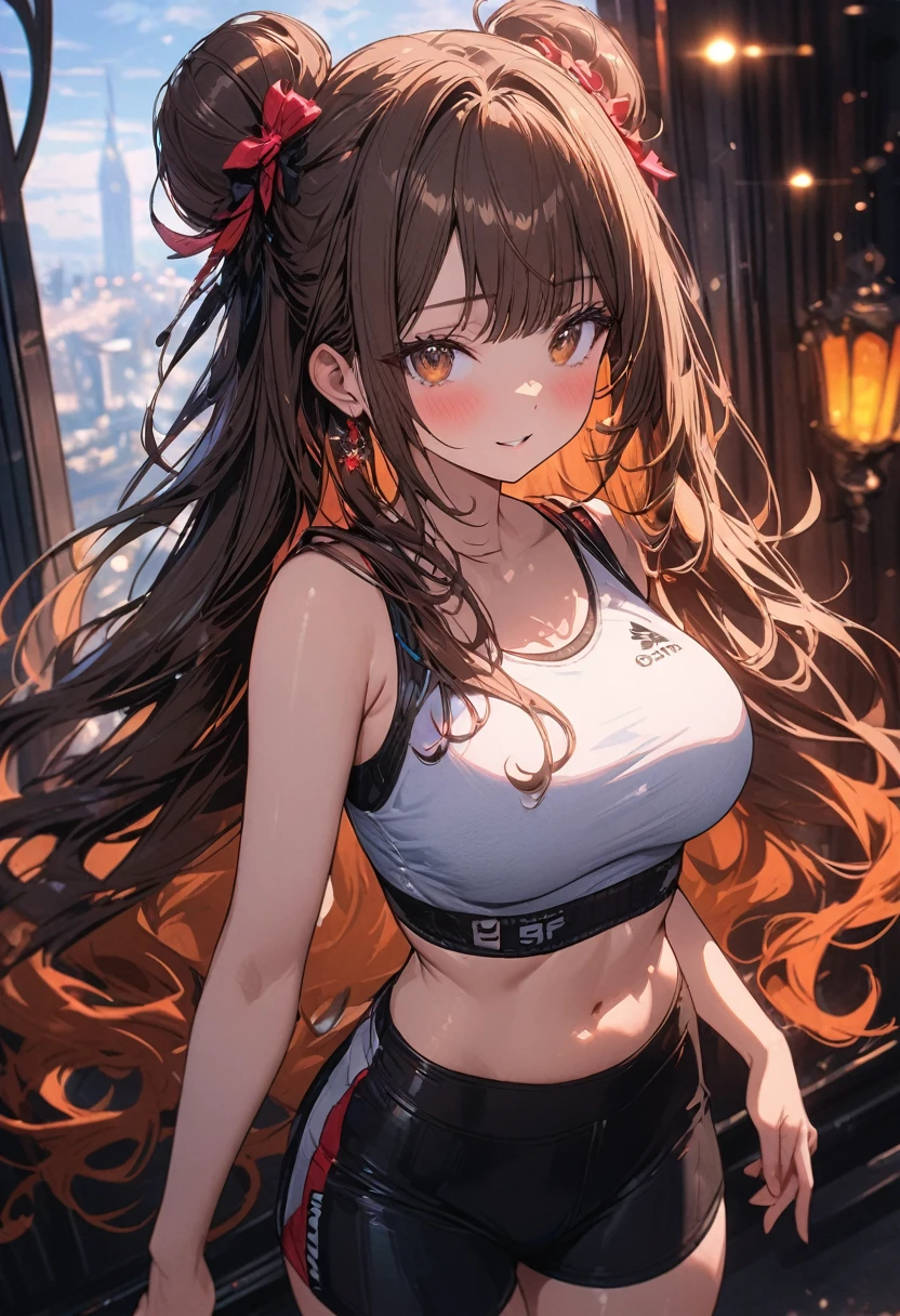 (masterpiece), best quality, very aesthetic, newest, absurdres, detailed, high quality
BREAK
highest quality, top quality, details, highres, ultra fine painting, digital art, official art, splash art, cinematic, 4k, 8k resolution, 8K CG wallpaper, original artwork, detailed background, blue atmosphere, High Dynamic Range, blurry background, blue hour, Starburst effects, crepuscular rays, good ISO, high resolution, wide shot, from far away, RAW photo, POV, sharp focus, light reflection, reflections, intricate details, soft light, particle noise, professional photography, bokeh, depth of field, studio lighting, vibrant colors, detailed lights and shadows, stylish, ultra-detailed, top rated on Pixiv, trending on Artstation, niji style, modern-days, master crafted, pose
BREAK
solo, (close up), from above, 1girl, pale skin, correct fingers, detailed hand, (big toned breasts:1.2), big thighs, small torso, short body, flushtered, blush, anxious expression, embarassed, embarassed act, casual, slim, ((cute, childlike face):1.3), nice body, nice hips, brown hair, (very long flowing hair, 2 buns hairstyle), long bangs, long hair, middle hair bangs, brown eyes
BREAK
(strap sports bra, (small sports shorts), branded clothing, tight clothes, modest, detailed tummy, belly button, sporty style)
BREAK
Indoors apartment background