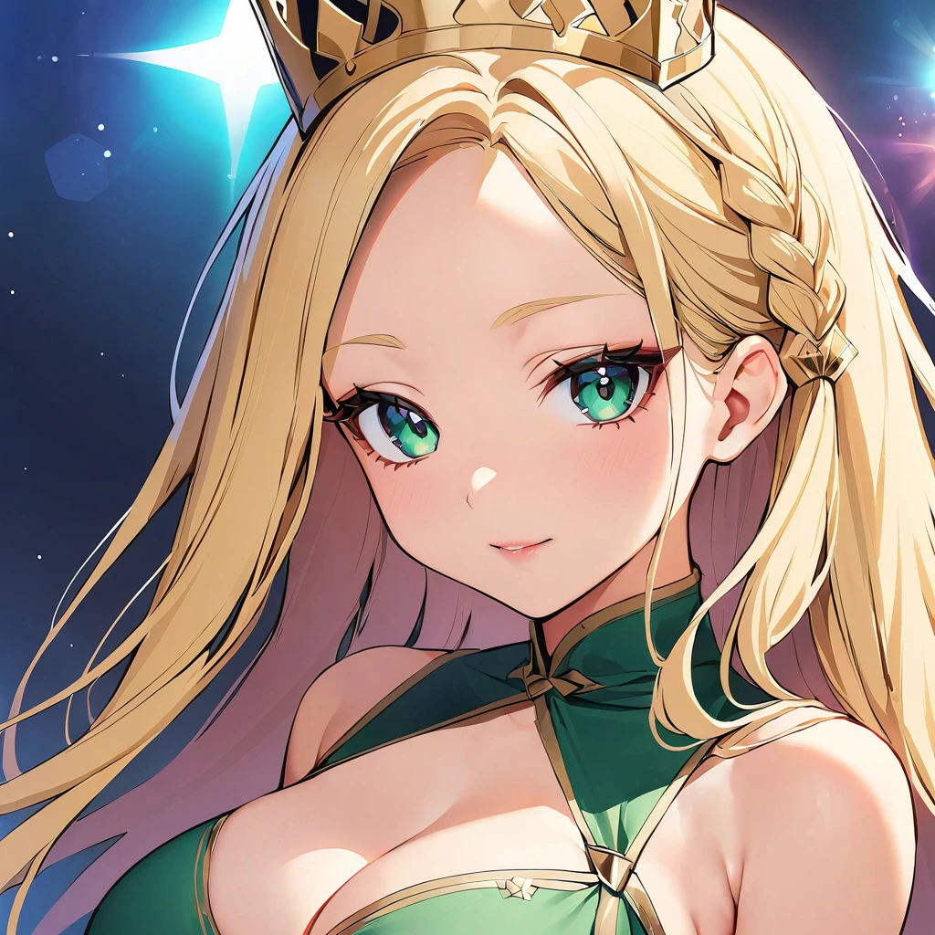 AGE: 15 Height: 1.70cm Weight: 55 Kg Skin color: pale eye color: Emerald green.
Hair color: blonde (light gold)
hairstyle: long and straight, wearing a French braid in the shape of a crown and wears bangs.
ears: small size, usually hidden under your hair Eyebrows: Thin and well defined Distinctive features: small nose and lips, big bust/chest and butt.
outfit: body colored black, thin black panties.