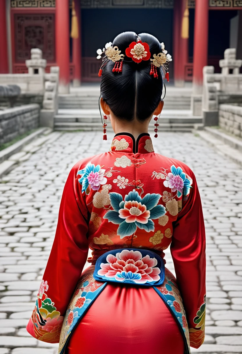 Photo from behind On the cobblestones outside the Qing Dynasty Palace、Empress Qing Dynasty、She is wearing a red Manchu outfit with a flashy floral pattern, and her hair is tied up and pulled up with a large, flashy flower and a hairpin.　The figure shows her big buttocks exposed with her loincloth hanging down.