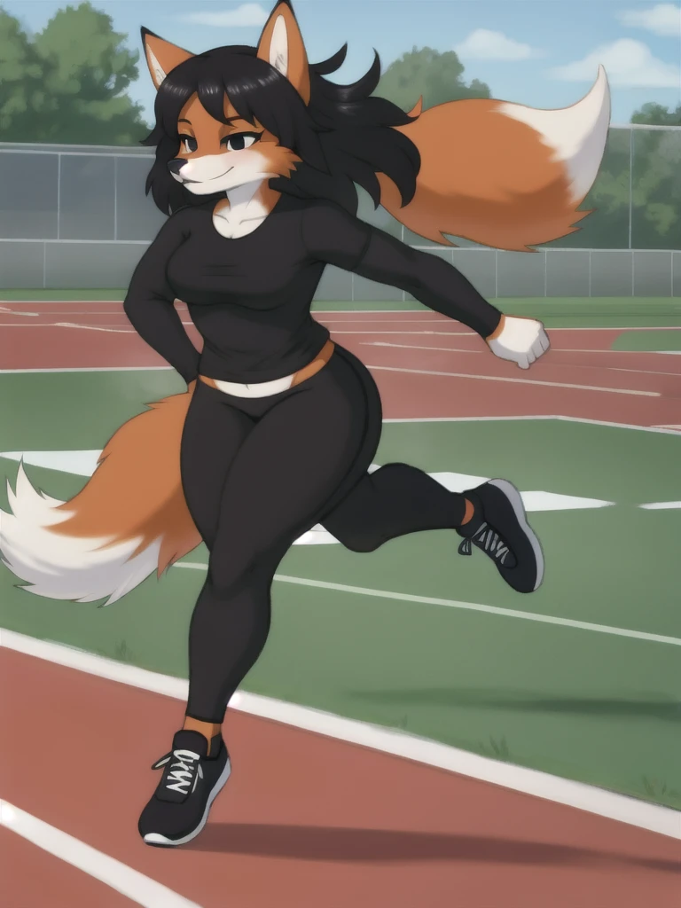 Furry, fox, female, black shirt, black leggings, shoes, running track, solo, full body