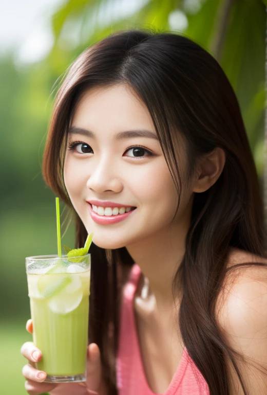 Asian Beauty、Smiling Kindly、Have a tropical drink、A walk in the park、Big eyes、Double、Beautiful small nose、Long Hair、View here、