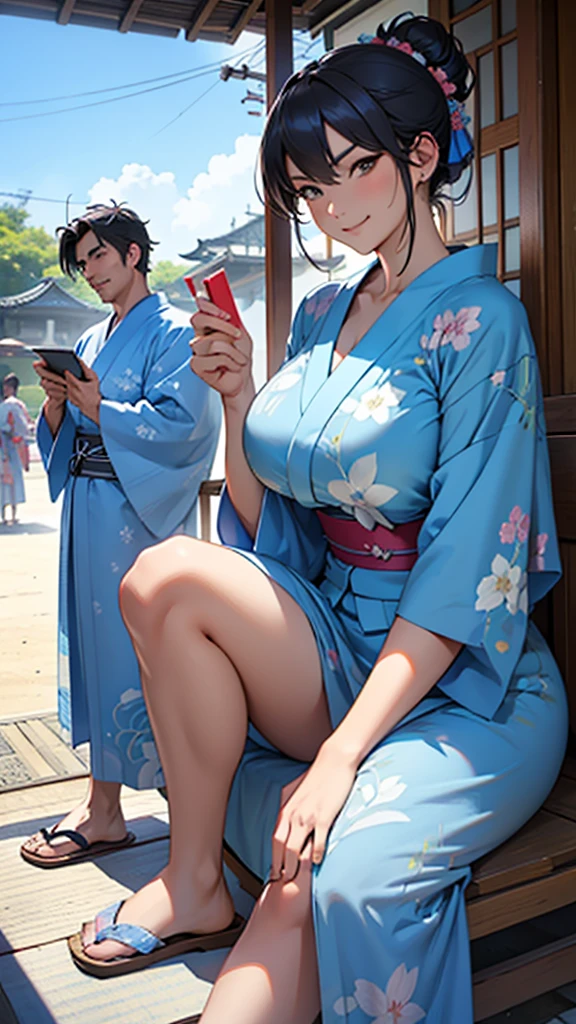 A man and woman wearing blue yukata at a summer festival。Sitting with a displeased look。Stylish and cool、Pose like a fashion model。Big Breasts、smile