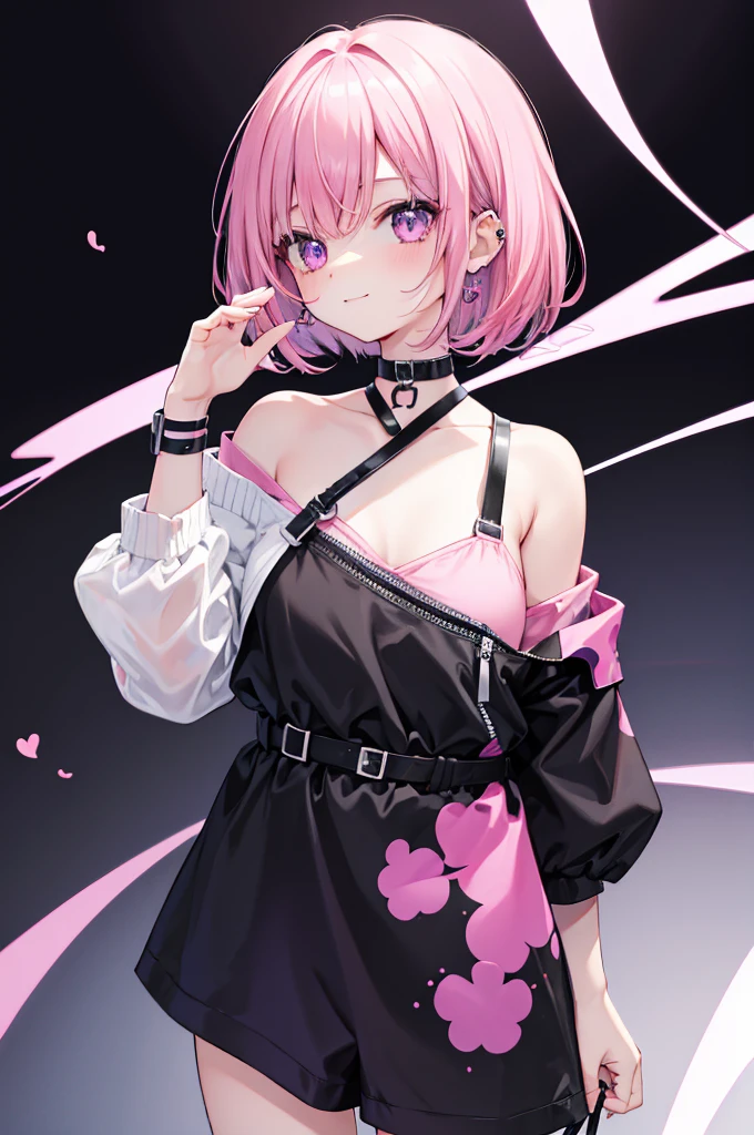 high resolution,smile,woman,woman1人,adult,cute,Medium bob hair,Pink Hair,Black inner color,Purple eyes, Pink off-shoulder blouse,Black shorts,Piercing,Black choker,Touching your face with your hands,Background white,