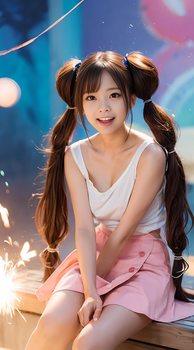 (8k, RAW photo, best quality, masterpiece, highres, absurdres, ultra detailed:1.3), (Photography, realistic, photo-realistic:1.4), (beautiful natural lighting, beautiful deatailed shadow, beautiful detailed glow :1.4),atmospheric,
BREAK 1 beautiful Girl on the Screen,(Cute:1.5),(Chibi:0.5),(kawaii:2),(Loli:1.2),(17 years old girl),Very detailed,colourfull,highest details BREAK (Huge breasts:1.25),Clear skin,Beautiful skin,Shy skin,(twin tails, long hair, Brown hair:1.75),(hair ornament,(long eyelashes, large eyes, Double eyelids:1 2),Solo,gleaming skin,Clear skin,Beautiful skin,(best quality face),(Top quality glowing eyes), (happy,opened mouth,blush: 1.45), cleavage,BREAK
traddling, sitting on person, arm support, looking down, motion lines,
BREAK
smile, (open mouth:0.7), (angry:0.5),
BREAK (white huge shirt, black tie:1.1), collarbone, sleeveless, strap slip,
BREAK (pink flare skirt:1.2), wrap skirt, plain pattern skirt,
holding picture frame, tiger, multicolored background, indoors, happy, smile, open mouth
BREAK wakame,wakame,wakame,(cowboy shot,from below:1.4) BREAK manga illustration.media,manga style,(ultra rich intricately proper sketch+pastel+airbrush+colored pencil:1.1),(ultra highres composition details:1.2),(water color:1.45),