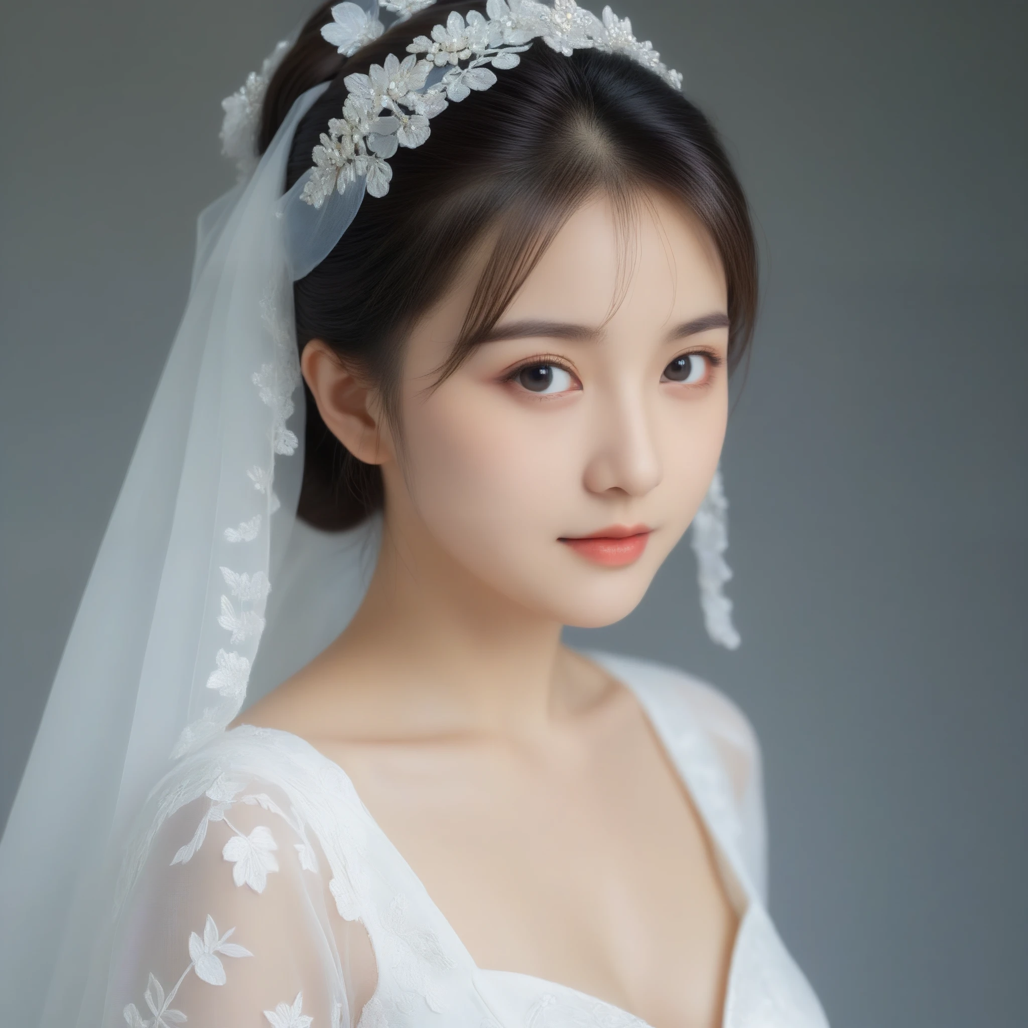 8k, Ultra-high resolution, Highest quality, masterpiece, 三分割法によるphotograph,Surreal, photograph, 1 Girl, (16 years old:1.3), pretty girl, Cute Face, Beautiful eyes in every detail, 細かくdetailedに,masterpiece,One Girl:1.2,Japan Female Teachers,extream close up,sad,light smile,Black short hair,Bob with bangs,(印象派の美しい少女のPortraiture),(Impressionist light and colour), (Gray background:1.3),(White Wedding Dress:1.3),(Fairy, bride, Shiny Hair, Beautiful dark eyes, So cute and beautiful,16 years old, ), (smile:0.8),Sharp contours,Looking down, (Wedding Veil,White lace), Light from above, (Side view),, Perfect and beautiful face ,完璧でCute Face, Skin with attention to detail, Perfect limbs、Narrow waist,Looking at the audience,(((Ideal body type))),A cup small breasts :2,Portraiture:2,Perfect Anatomy,鮮明なdetailed,detailed,Surreal,Light and shadow,glowing