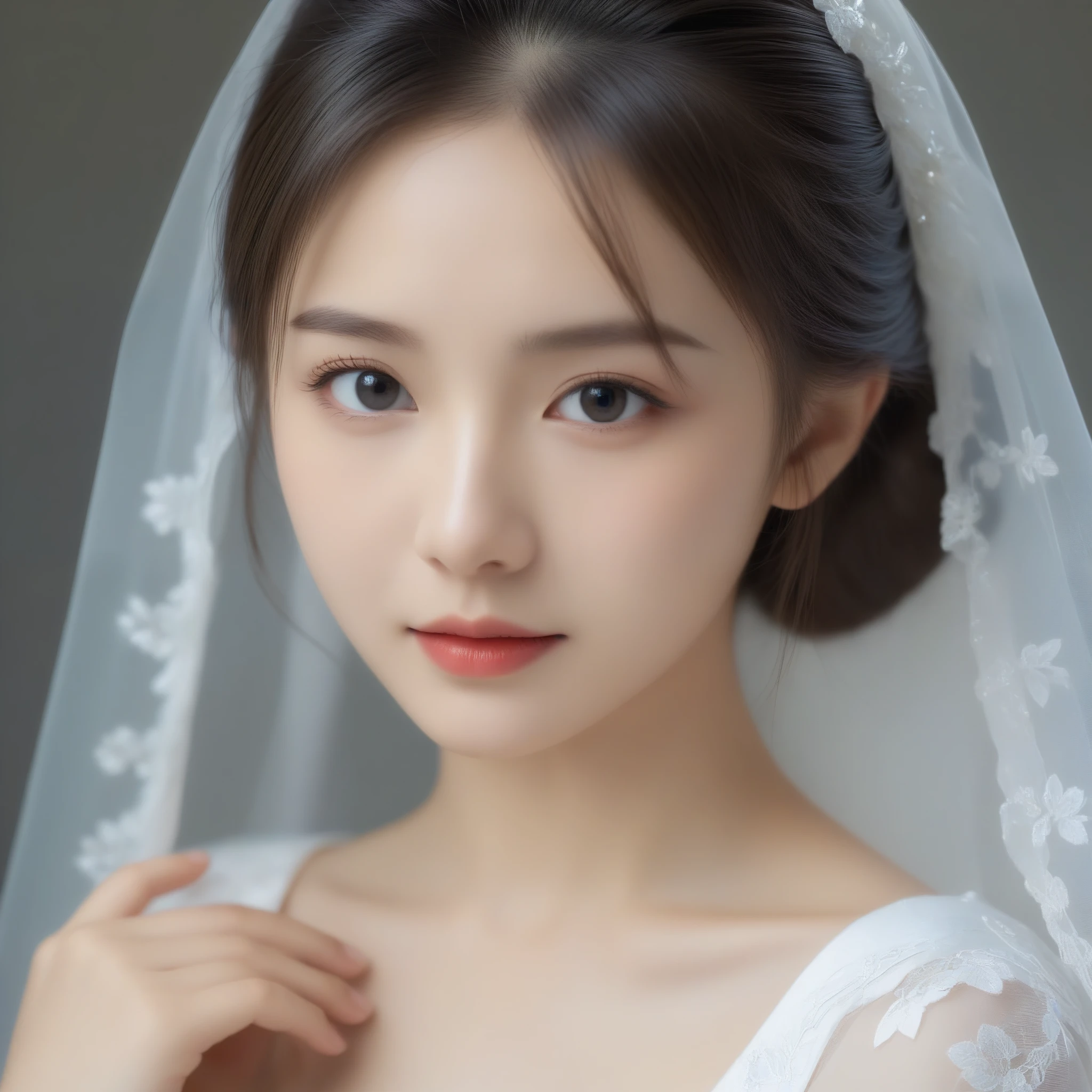 8k, Ultra-high resolution, Highest quality, masterpiece, 三分割法によるphotograph,Surreal, photograph, 1 Girl, (16 years old:1.3), pretty girl, Cute Face, Beautiful eyes in every detail, 細かくdetailedに,masterpiece,One Girl:1.2,Japan Female Teachers,extream close up,sad,light smile,Black short hair,Bob with bangs,(印象派の美しい少女のPortraiture),(Impressionist light and colour), (Gray background:1.3),(White Wedding Dress:1.3),(Fairy, bride, Shiny Hair, Beautiful dark eyes, So cute and beautiful,16 years old, ), (smile:0.8),Sharp contours,Looking down, (Wedding Veil,White lace), Light from above, (Side view),, Perfect and beautiful face ,完璧でCute Face, Skin with attention to detail, Perfect limbs、Narrow waist,Looking at the audience,(((Ideal body type))),A cup small breasts :2,Portraiture:2,Perfect Anatomy,鮮明なdetailed,detailed,Surreal,Light and shadow,glowing