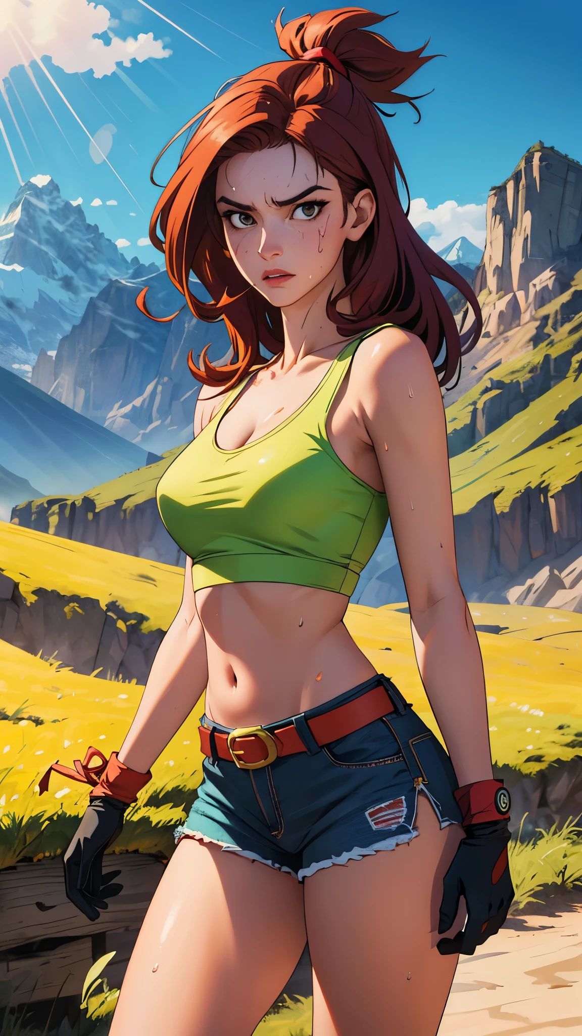 ((((masterpiece, best quality, high resolution)))), Extremely detailed 8K, 1 female, (Launch from Dragon Ball) wearing a light-green belly-baring crop tank top, yellow shorts with a red belt, brown fingerless gloves and red shoes with the Nike insignia worn with green sock, ((with a red ribbon on her hair)), (Ultra HD, Ultra-detailed, Highly detailed, Highly realistic, Ultra-realistic, photograph realistic), (1girl:1.5), (Realistic long yellow hair), (dynamic poses), facing at camera, looking at viewer, (a serious focus face), (regular black eyes, sharp eyes), (perky breasts:1.2), (beautiful detailed face, beautiful detailed eyes), ((slightly sweating)), (mountainous background), sweat, glow, (sunbeam, sunlight), ((cowboy shot)), seductive, EnvyBetterHands LoCon,