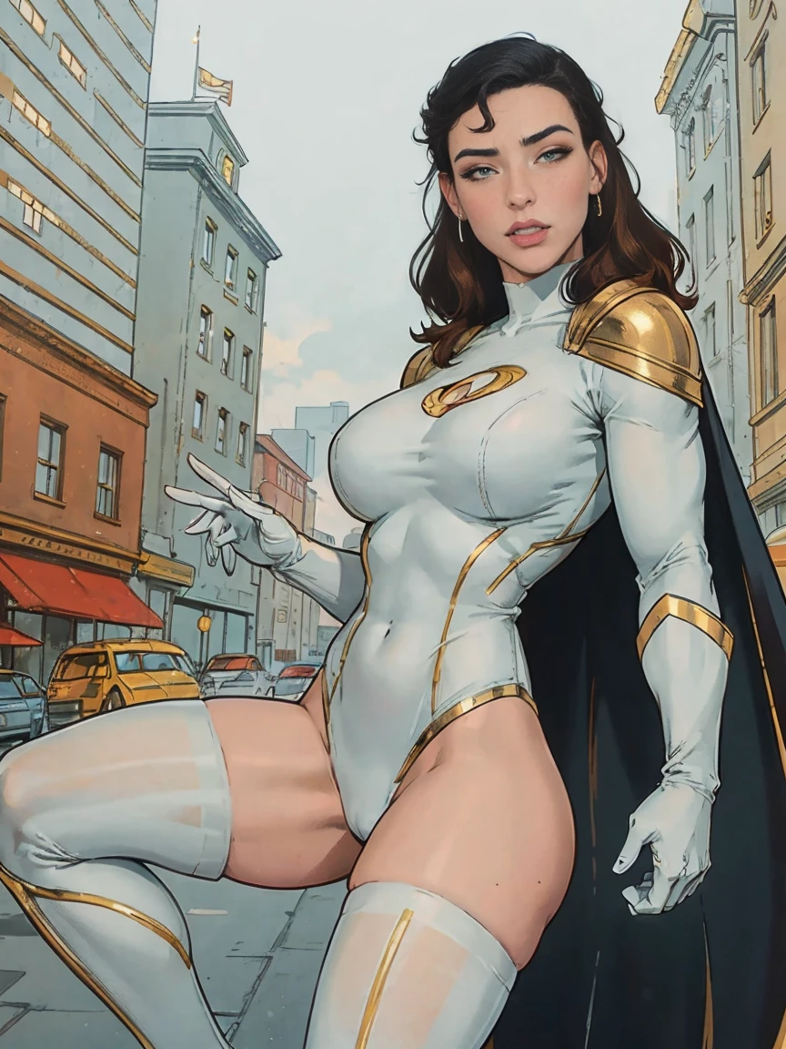 Gorgeous and sultry busty athletic (thin) brunette with sharp facial features wearing a white and gold superhero leotard, cape, gloves, thigh-high boots. Standing, city street.