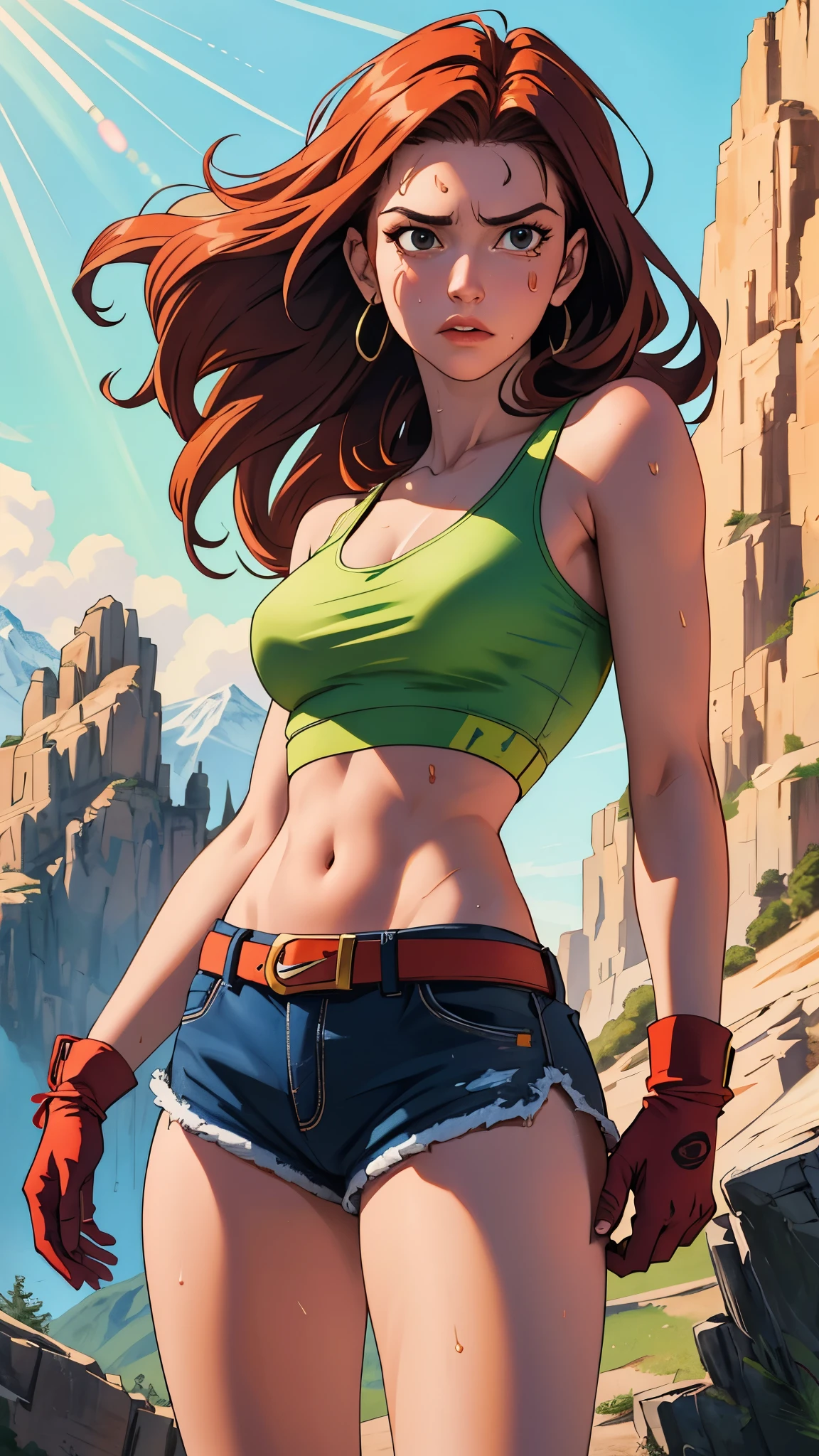 ((((masterpiece, best quality, high resolution)))), Extremely detailed 8K, 1 female, (Launch from Dragon Ball) wearing a light-green belly-baring crop tank top, yellow shorts with a red belt, brown fingerless gloves and red shoes with the Nike insignia worn with green sock, ((with a red ribbon on her hair)), (Ultra HD, Ultra-detailed, Highly detailed, Highly realistic, Ultra-realistic, photograph realistic), (1girl:1.5), (Realistic long yellow hair), (dynamic poses), facing at camera, looking at viewer, (a serious focus face), (regular black eyes, sharp eyes), (perky breasts:1.2), (beautiful detailed face, beautiful detailed eyes), ((slightly sweating)), (mountainous background), sweat, glow, (sunbeam, sunlight), ((cowboy shot)), seductive, EnvyBetterHands LoCon,
