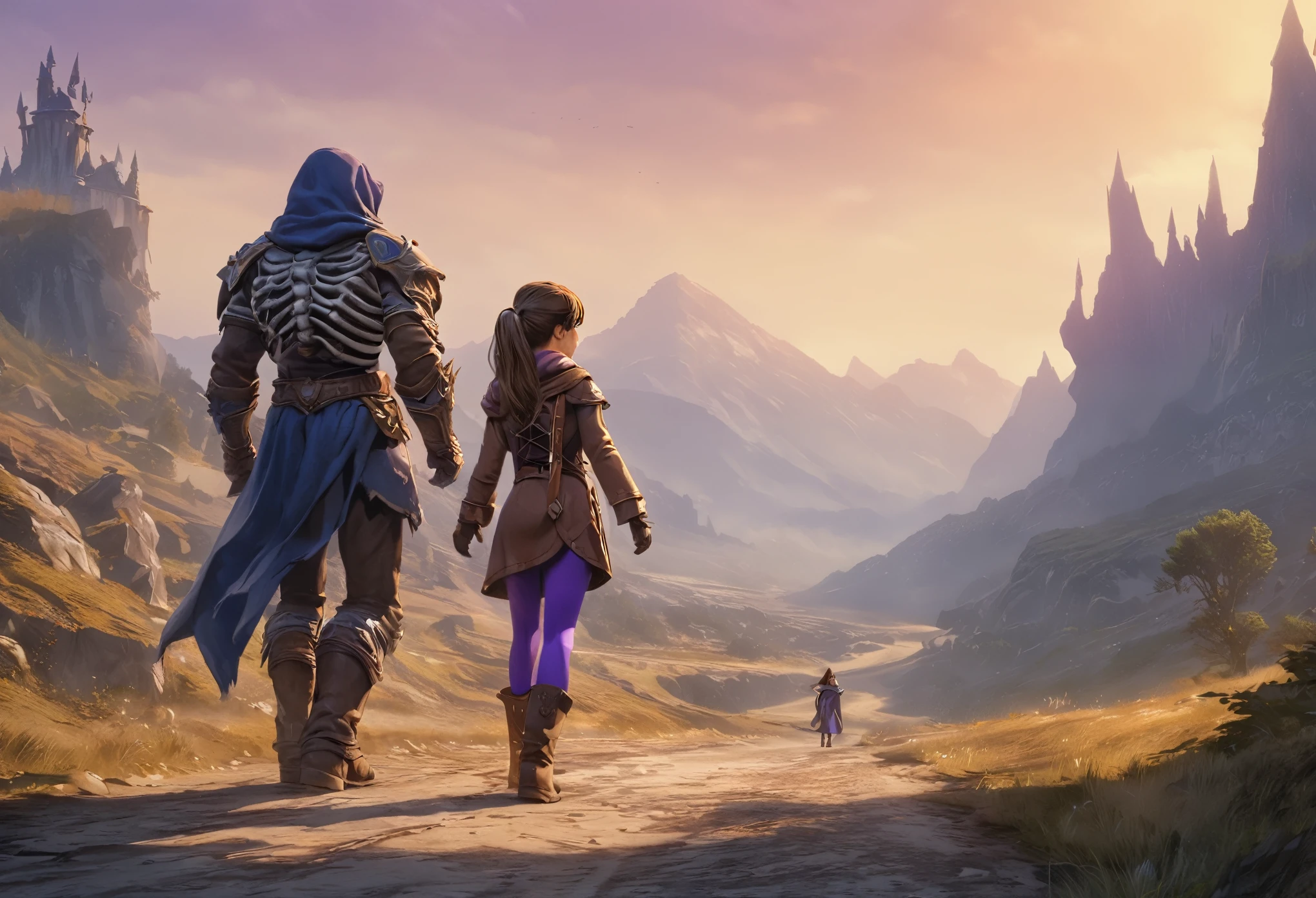 a young girl adventurer and and a skeleton warrior walk down a dusty road together. she is a (young girl:1.5) with her brown hair in a (pony tail), pretty face, she wears a dark (blue tabard), (purple tights), big boots, leather boots, and big gloves. The skeleton warrior wears a brown tattered cloak and hood,his bones are visible through the tears, he is considerably taller than her and walks with a hunch. the background should depict a magical land full of fantasy elements, such as a castle on top of a mountian, magical creatures watch the travelers pass from the side of the road. super high quality, super high detail, masterpiece, 4k, 8k, HDR, masters of the universe, (((masterpiece))), high quality, 8k