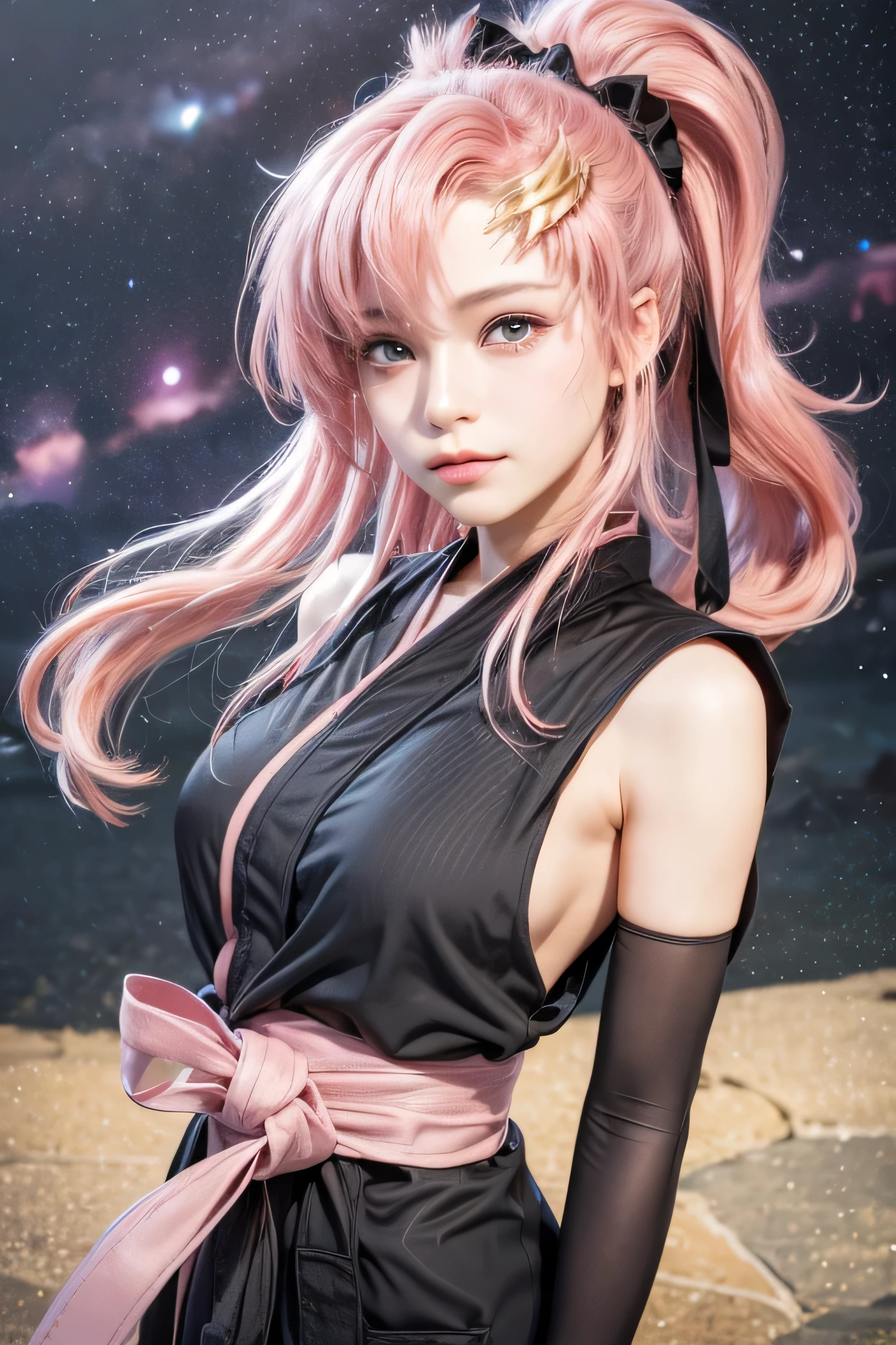 masterpiece, best quality, (realistic,photo-realistic:1.4), (RAW photo:1.2), extremely detailed CG unity 8k wallpaper, delicate and beautiful, amazing,finely detail, official art, absurdres, incredibly absurdres, huge filesize, ultra-detailed,extremely detailed eyes and face,light on face,lacus clyne,(little smile),(pink hair:1.4),(long hair:1.4),(wearing black sleeveless robe:1.4),(night background:1.4),(ponytail:1.4),red ribbon