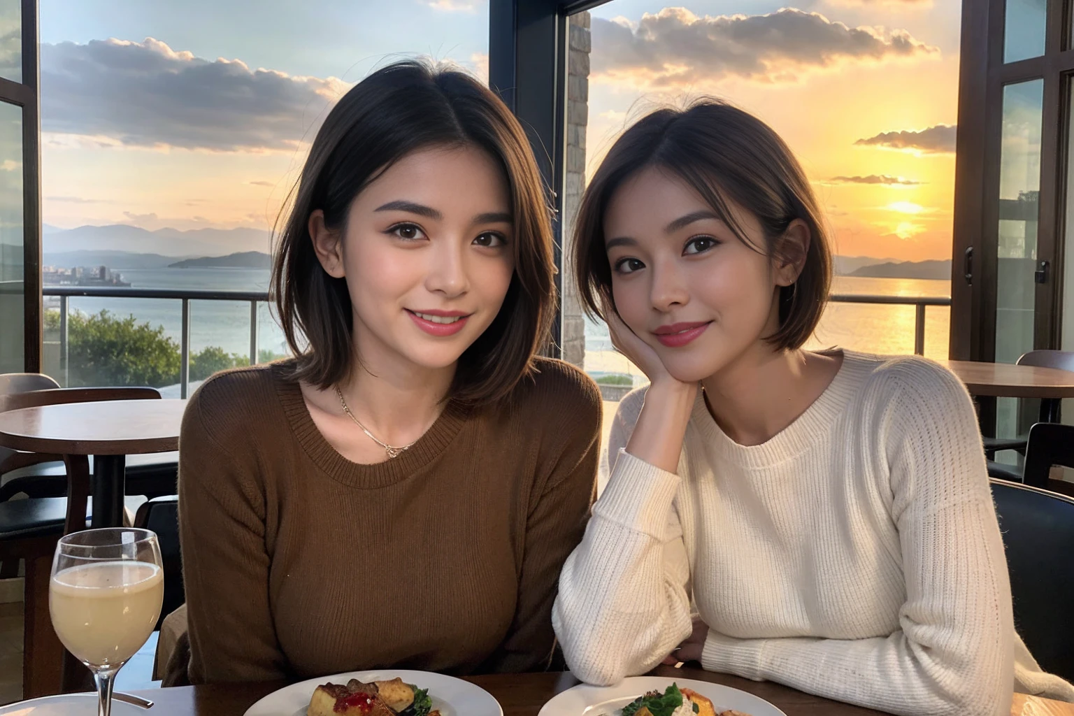 （Realistic:1.1）,(masterpiece,Highest quality)，8k,(49 years old), 47 years old, slimカップル、Model Couple、actress/actor、Tight waist,Upper Body,full-course dinner、wine 、Amazing view of the sunset sky and clouds、Perfect Anatomy, Brown Hair, short hair,Random Hairstyles,((Highly detailed face and eyes:1.2))(cute顔:1.4)，美しいactressの顔，Perfect golden ratio face，Long sleeve shirt、dress,(smile:1.2)、Shortcuts、cute、(Realistic, Intricate details:1.2), A bright smile、short hair,Bright Face、赤wine 、Appetizers、Italian food、wine bottle、Champagne、スパークリングwine、(slimな顔), (The body is slim), (Brown Hair), (Shortcuts),  Upper Body, 白wine, slim, wineグラス, 