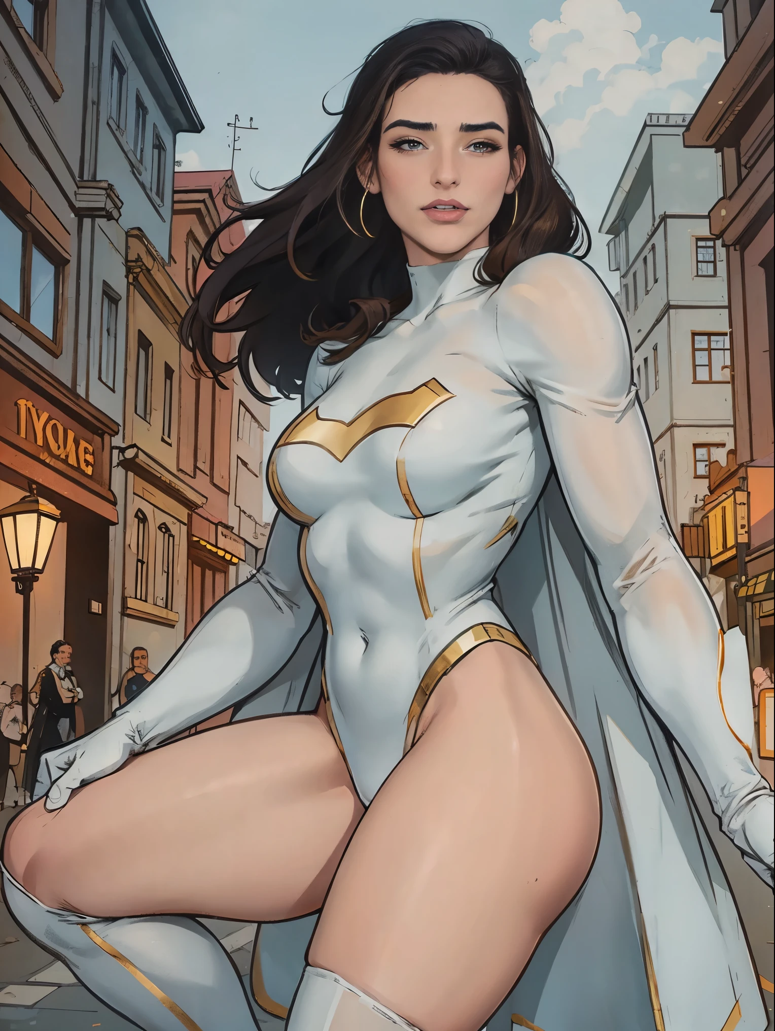 Gorgeous and sultry busty athletic (thin) brunette with sharp facial features wearing a white and gold superhero leotard, cape, gloves, thigh-high boots. Standing, city street.