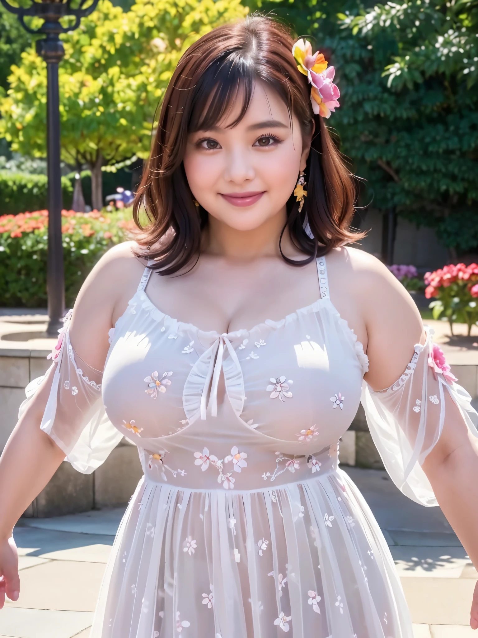 A beautiful and hot almost chubby mature woman.who is wearing a patterned short dress and is and standing in the park. A smiling face、sexy woman、A radiant smile、adorable、race、Frills、Colorful design、Full-length mirror、An inviting gaze、Gorgeous long and beautiful hairstyle、variation Hairstyle、Open neck blouse、Flower Garden、(flower:1.2)、Full body photo、((Delicately decorated dress))、1人の女の子, 