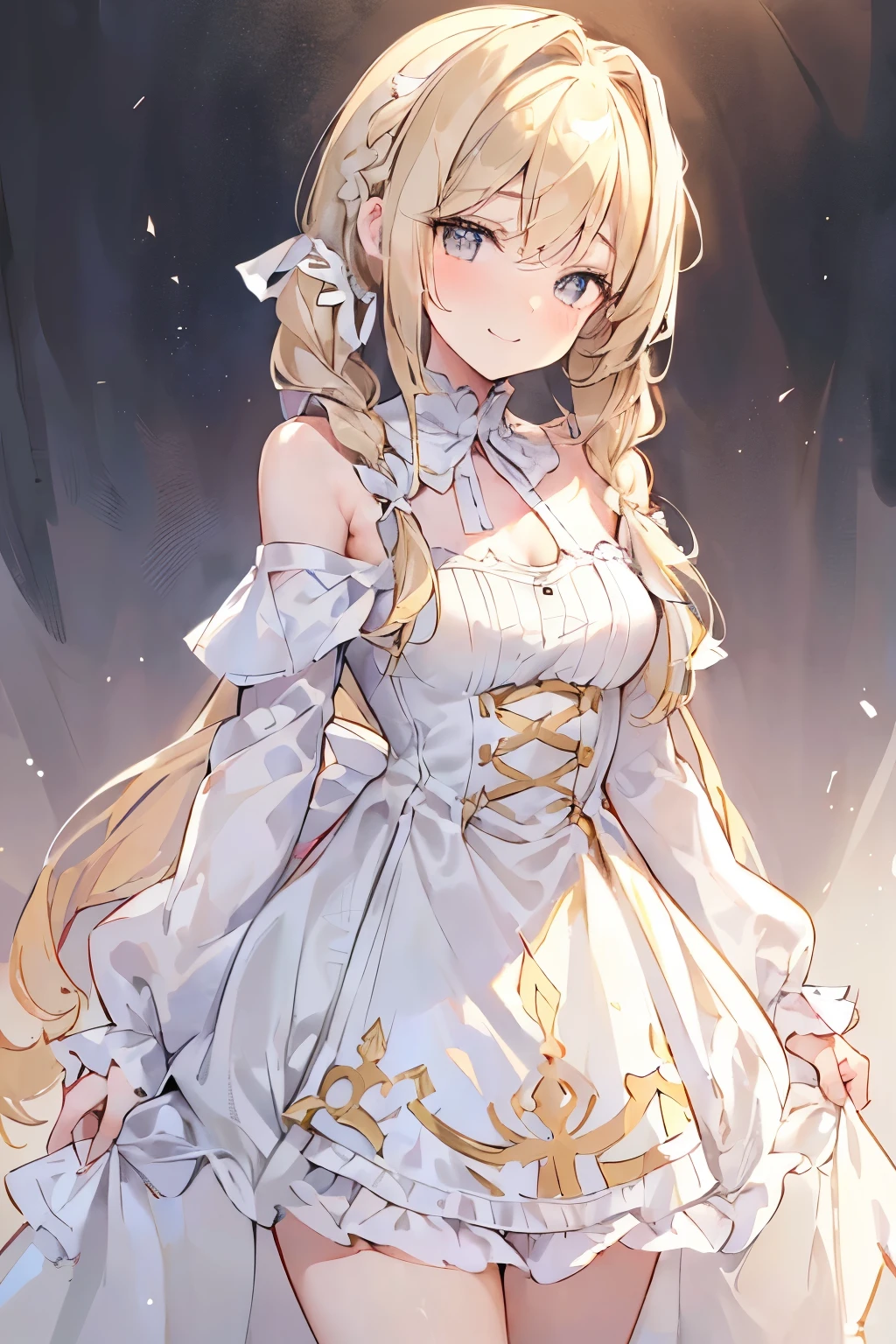 (Bestquality, Masterpiece), (An elegant girl , 1girl , solo, "Beige Dress", off-the-shoulder , Standing , Looking At The Audience, ( "Gradient blonde hair", Long-haired," Braids " , white ribbon) , Gradient Gray Eyes , Closed Mouth , Smile , Upper Body, close up) , (White Background