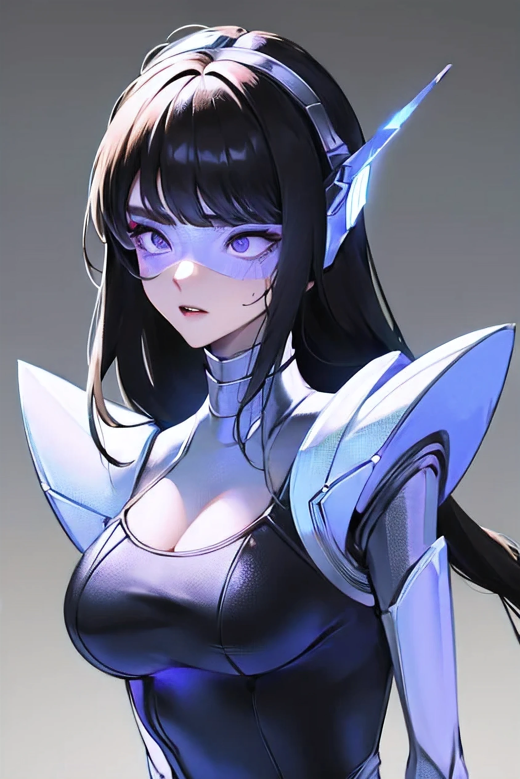 empty eyes,robotized woman ,big bust,Robot Joint ,Metal skin,Black Suit,long hair