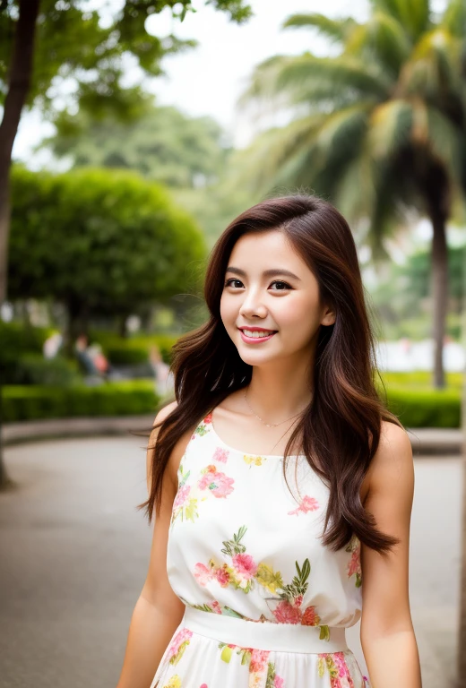 Walking in the park、whole body、Asian Beauty、Fair skin、Smiling Kindly、Have a tropical drink、Big eyes、Double、Long Hair、View here、