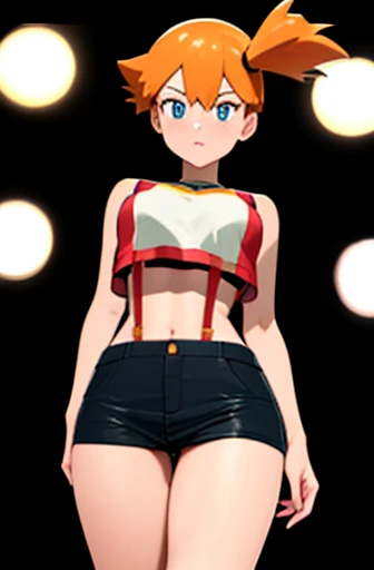 ((masterpiece)), ((cinematic lighting)), realistic photo、Real Images、Top image quality、1girl in, Misty from Pokemon (orange hair, bright blue eyes), wearing skimpy racequeen rq uniform, crop top, (exposed midriff), underboob, Elegant, masterpiece, slim arms, slim hips, bare thighs, thigh gaps, Best Quality, absurderes, high face detail, Perfect eyes, anime style, Cowboy Shot (from below), , Vibrant colors, soft pink uniform, short miniskirt, thigh high white stockings