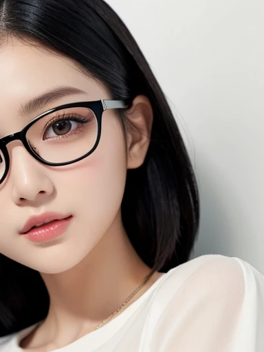 20-year-old women、Japanese、Beauty、The eyes are double、White blouse、White Background、Beautiful breasts、Beautiful Skin、Glossy lips、Black short hair、Black Hair、Black-rimmed glasses、Upper body close-up、Align finger lengths、I can't see the head、
