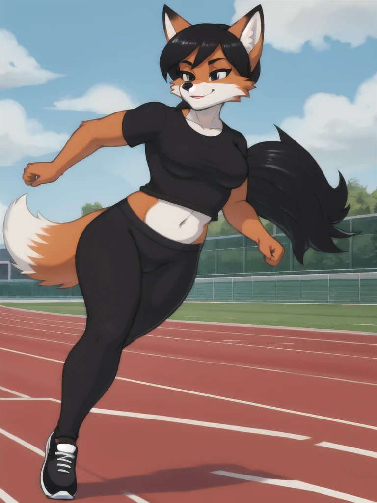 Furry, fox, female, black shirt, black leggings, shoes, running track, solo, full body