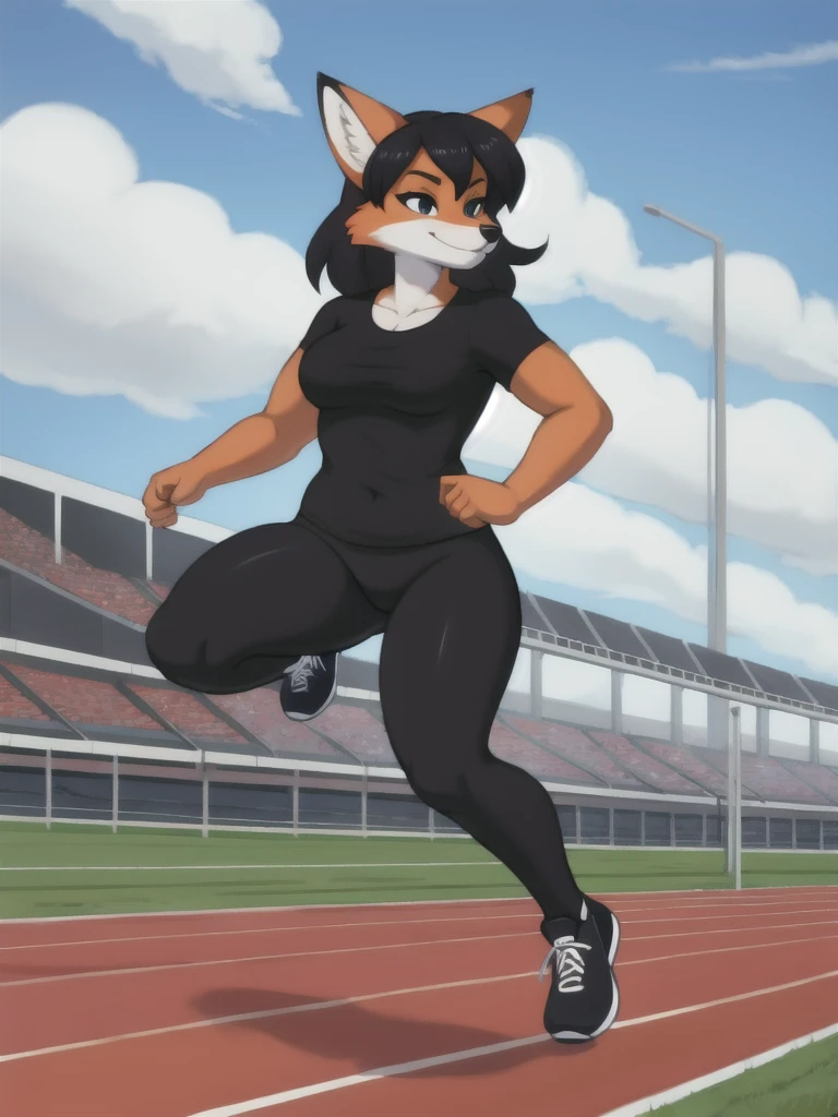 Furry, fox, female, black shirt, black leggings, shoes, running track, solo, full body