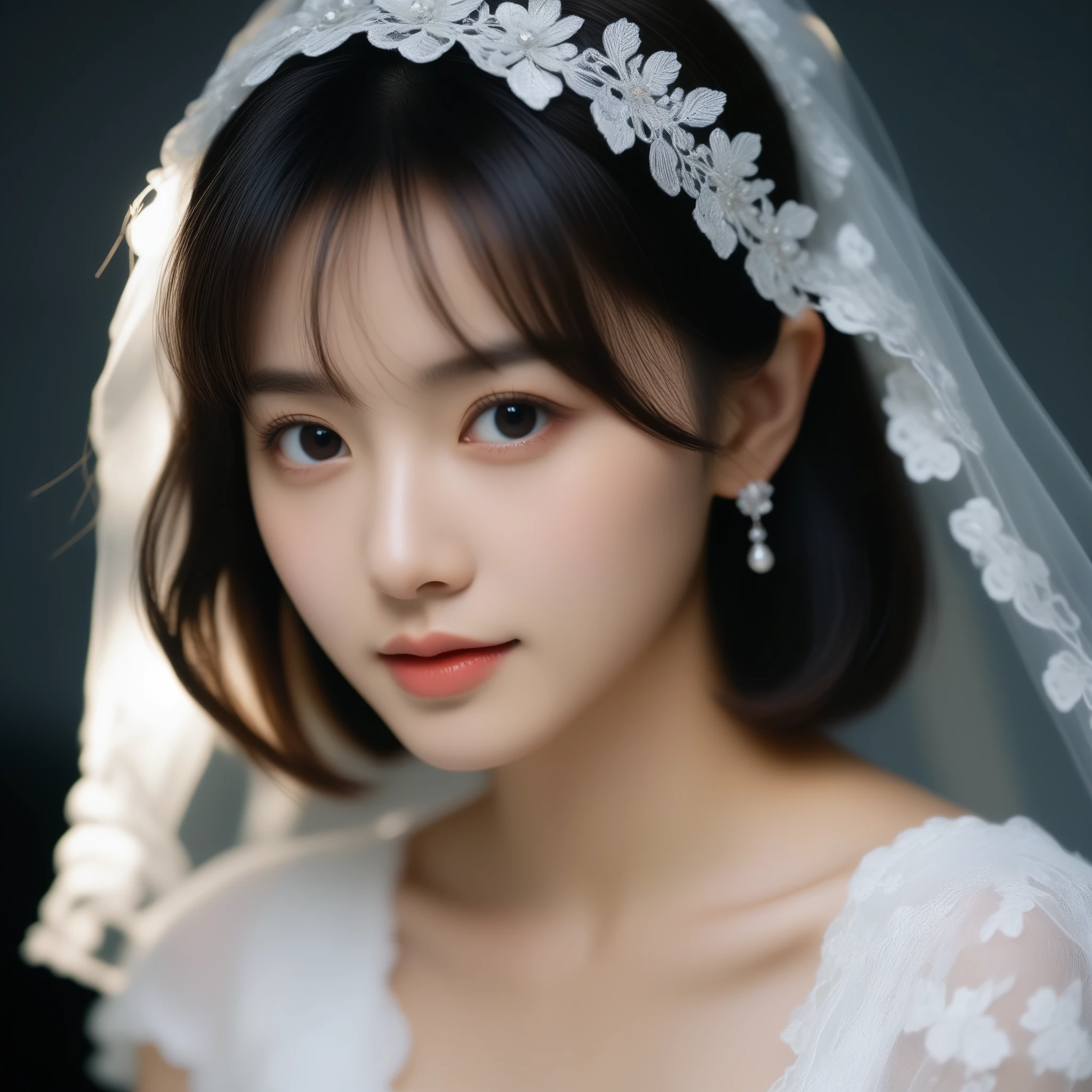 8k, Ultra-high resolution, Highest quality, masterpiece, 三分割法によるphotograph,Surreal, photograph, 1 Girl, (16 years old:1.3), pretty girl, Cute Face, Beautiful eyes in every detail, 細かくdetailedに,masterpiece,One Girl:1.2,Japan Female Teachers,extream close up,sad,light smile,Black short hair,Bob with bangs,(印象派の美しい少女のPortraiture),(Impressionist light and colour), (Gray background:1.3),(White Wedding Dress:1.3),(Fairy, bride, Shiny Hair, Beautiful dark eyes, So cute and beautiful,16 years old, ), (smile:0.8),Sharp contours,Looking down, (Wedding Veil,White lace), Light from above, (Side view),, Perfect and beautiful face ,完璧でCute Face, Skin with attention to detail, Perfect limbs、Narrow waist,Looking at the audience,(((Ideal body type))),A cup small breasts :2,Portraiture:2,Perfect Anatomy,鮮明なdetailed,detailed,Surreal,Light and shadow,glowing