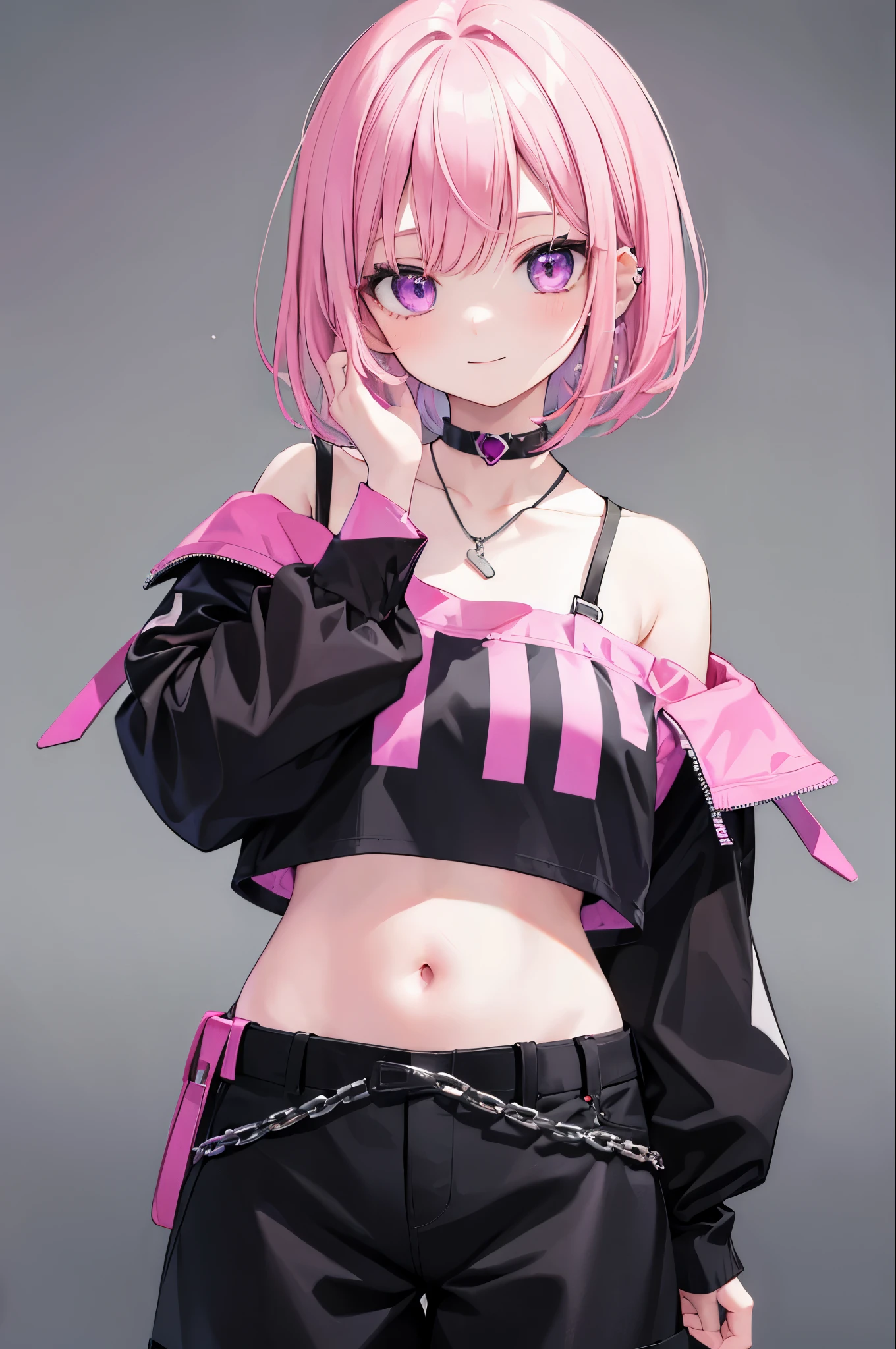 high resolution,smile,woman,woman1人,adult,cute,Medium bob hair,Pink Hair,Black inner color,Purple eyes, Pink off-shoulder blouse,Black shorts,Piercing,Black choker,Touching your face with your hands,Background white,
