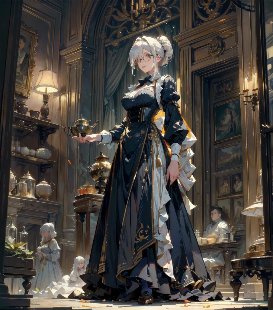 (best quality, masterpiece), (ultra high resolution, 8K RAW photo, photo realistics:1.5, cinematic lighting, textile shading, thin outline, clear focus:1.2), Beautuful Matured woman preparing tea_party in the garden, standing by the round table, dispensing a cup of tea, leaning forward, (meisen's tea set, tea pot, tea cups, some cakes on dish), delicate and classy British style white table with gold accents and royal_blue, wearing light_brown maid uniform, breast cleavage, maid costume:1.2, long flare skirts, apron, bow ties on the chest, long tall sally, long legs, white hair, (wearing thin-flame glasses:1.2), (milf:1.5, 28 years old, solo), (large breast, sagging breast, big tits, narrow waist), (medium short white hair, hair over one eye, (updo hair:1.2), side lock, asymmetric hair, wavy hair), (bright pupils, fine detailed eyes with highlight:1.3, high detailed face, Perfect face shape, eye rush), (seductitve smiling, half-closing eyes:1.2), (looking at viewers:1.3), (dutch angle, full body, from below:1.2), ((correct ???????:1.5, correct hands)), (ideal ratio of body proportions), (outdoor:1.2, grass field), 