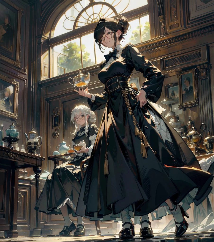 (best quality, masterpiece), (ultra high resolution, 8K RAW photo, photo realistics:1.5, cinematic lighting, textile shading, thin outline, clear focus:1.2), Beautuful Matured woman preparing tea_party in the garden, standing by the round table, dispensing a cup of tea, leaning forward, (meisen's tea set, tea pot, tea cups, some cakes on dish), delicate and classy British style white table with gold accents and royal_blue, wearing light_brown maid uniform, breast cleavage, maid costume:1.2, long flare skirts, apron, bow ties on the chest, long tall sally, long legs, white hair, (wearing thin-flame glasses:1.2), (milf:1.5, 28 years old, solo), (large breast, sagging breast, big tits, narrow waist), (medium short white hair, hair over one eye, (updo hair:1.2), side lock, asymmetric hair, wavy hair), (bright pupils, fine detailed eyes with highlight:1.3, high detailed face, Perfect face shape, eye rush), (seductitve smiling, half-closing eyes:1.2), (looking at viewers:1.3), (dutch angle, full body, from below:1.2), ((correct anatomy:1.5, correct hands)), (ideal ratio of body proportions), (outdoor:1.2, grass field),