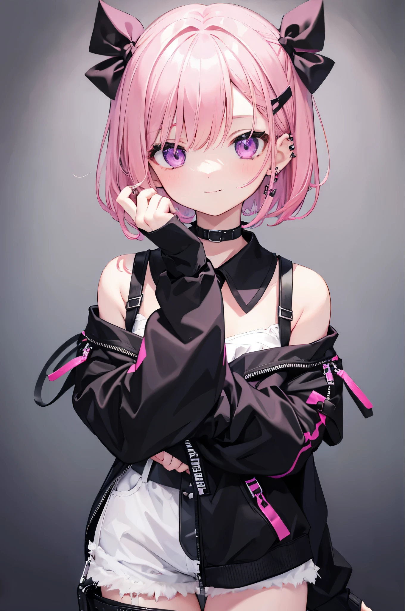 high resolution,smile,woman,woman1人,adult,cute,Medium bob hair,Pink Hair,Black inner color,Purple eyes, Pink off-shoulder blouse,Black shorts,Piercing,Black choker,Touching your face with your hands,Background white,