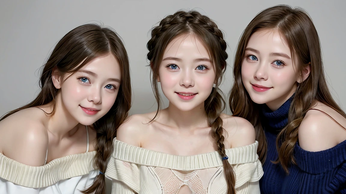 (3 girls), young faceอินโดนีเซีย, smile, white skin, Round breast, blue eyes,((Braided hair, off-shoulder sweater))Masterpiece, Highest quality, 8ก, beautiful girl, young face、 photography, Cute face, thigh,infamous valley、รอยsmile、((((((12 years))))))、small waist、((Busty))blue eyes(((big breasts:1.2)))